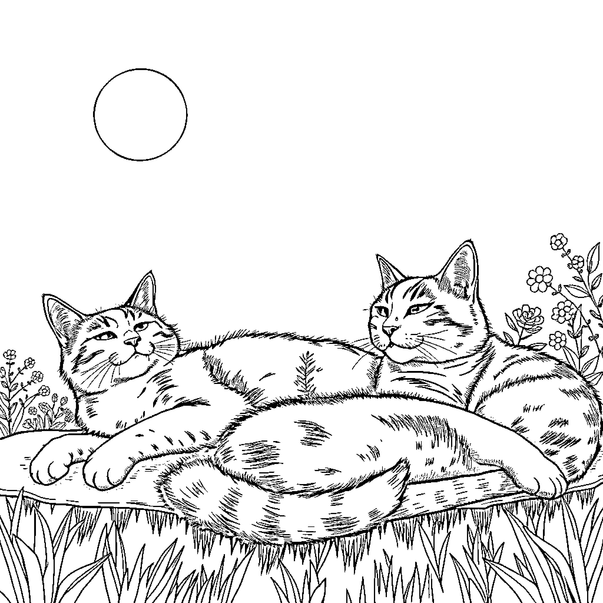 Cats relaxing in the meadow Coloring Page (free black-and-white line drawing printable PDF for all, from beginners to advanced learners, including children, teens, adults, and seniors)