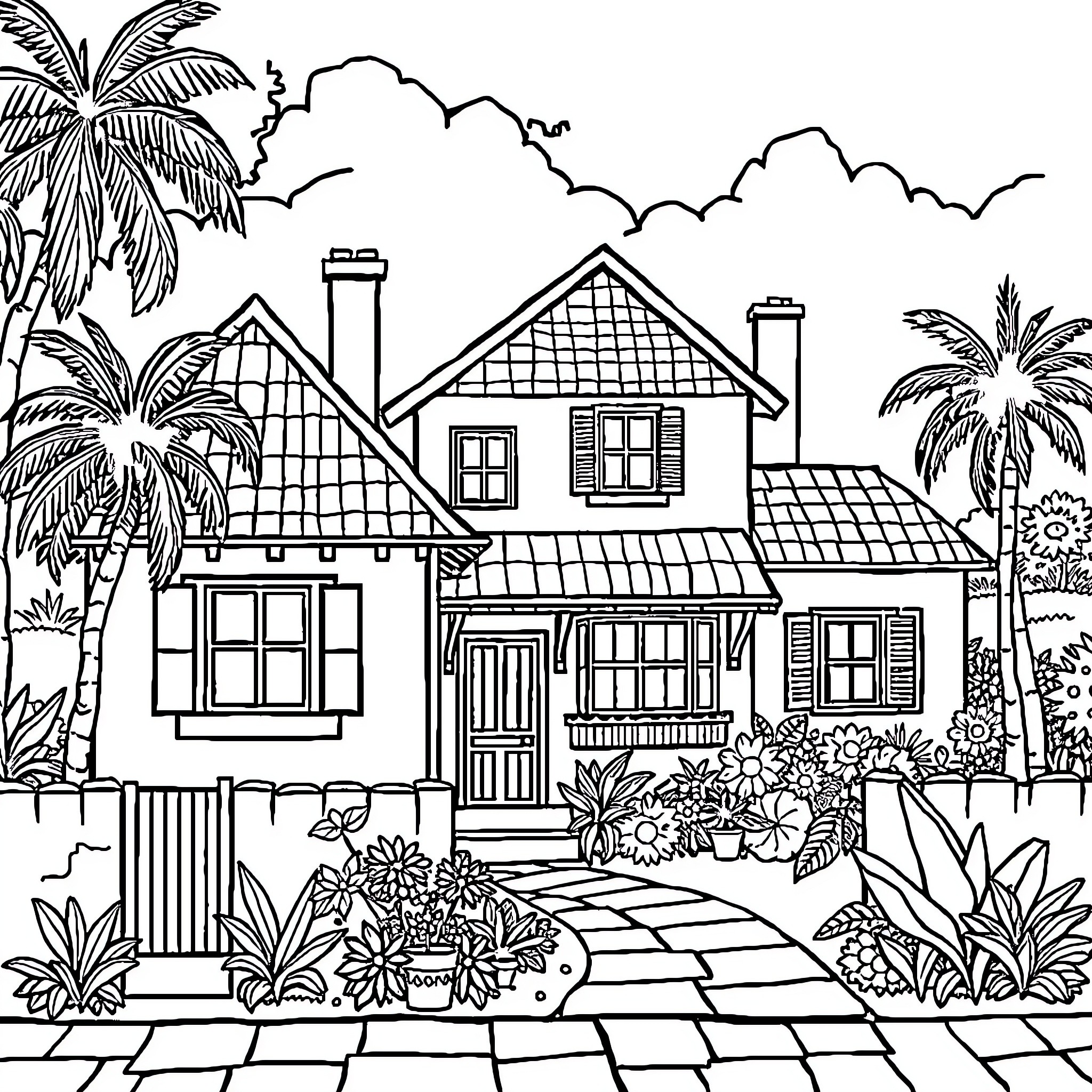 House with tropical garden and palm trees Coloring Page (free black-and-white line drawing printable PDF for all, from beginners to advanced learners, including children, teens, adults, and seniors)