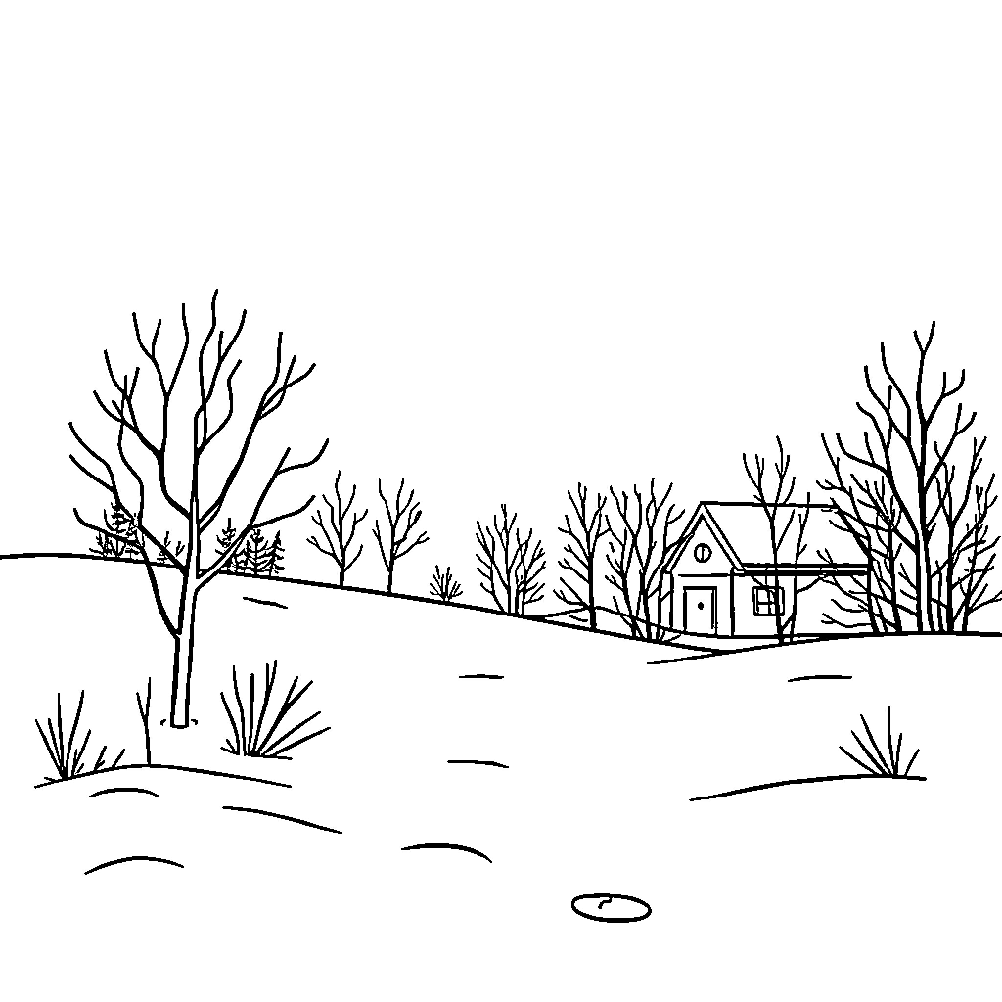 Winter landscape with bare trees and a cottage Coloring Page (free black-and-white line drawing printable PDF for all, from beginners to advanced learners, including children, teens, adults, and seniors)