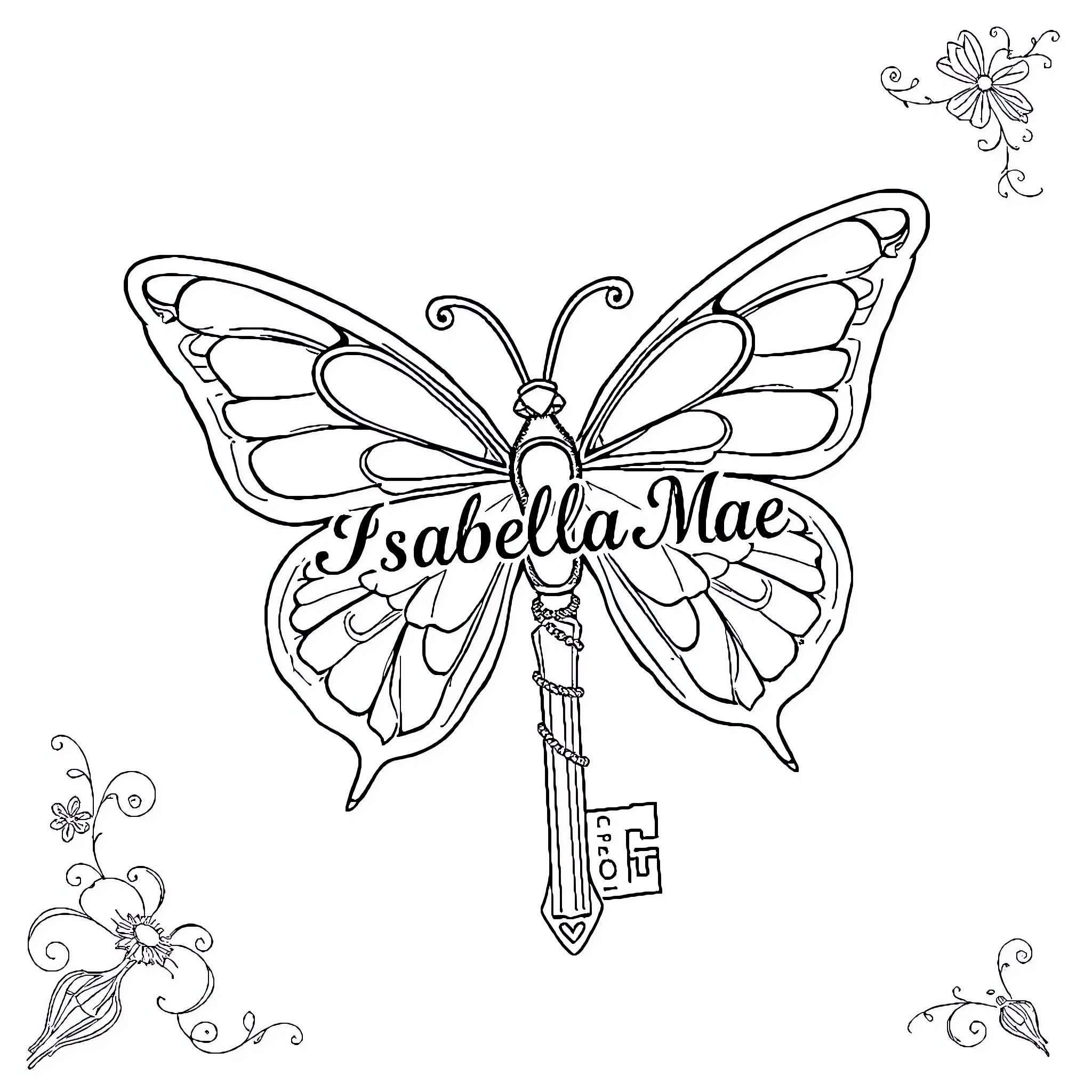 Butterfly with ornate wings and key Coloring Page (free black-and-white line drawing printable PDF for all, from beginners to advanced learners, including children, teens, adults, and seniors)
