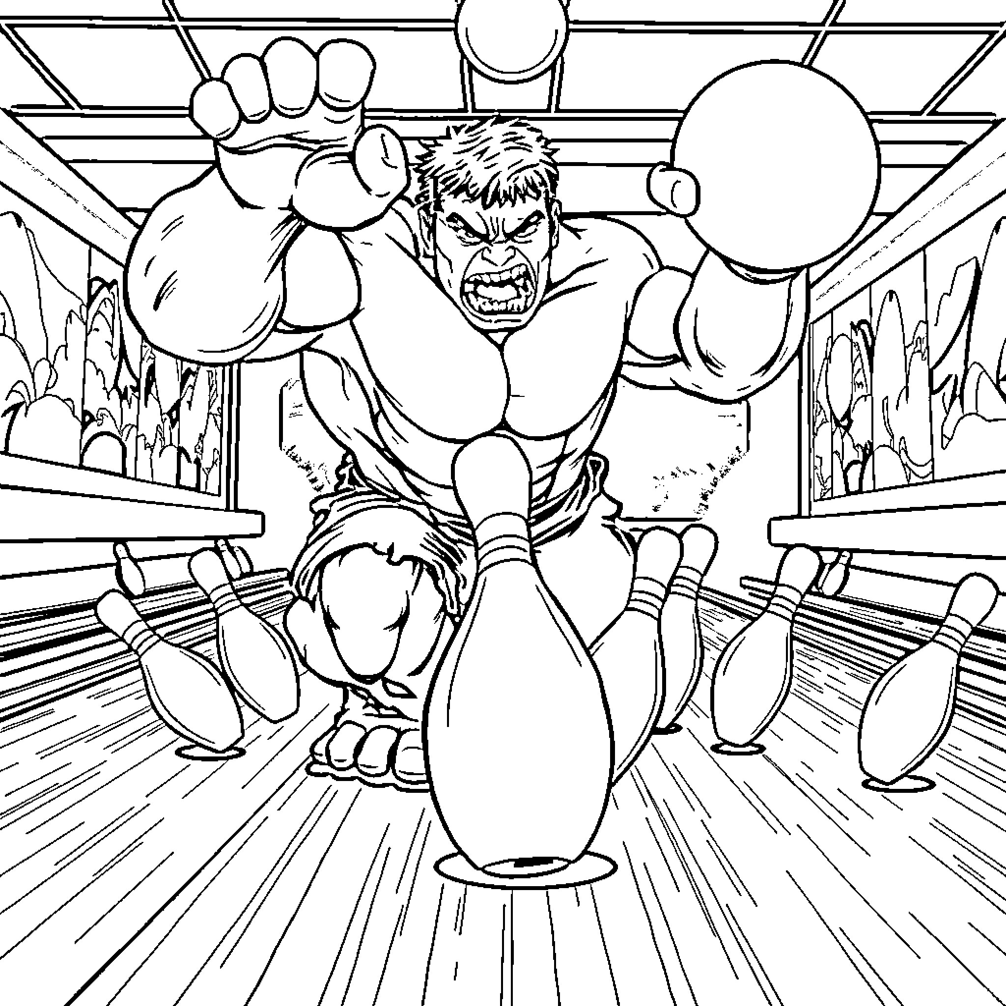 Hulk Smashes Through Bowling Alley Coloring Page (free black-and-white line drawing printable PDF for all, from beginners to advanced learners, including children, teens, adults, and seniors)