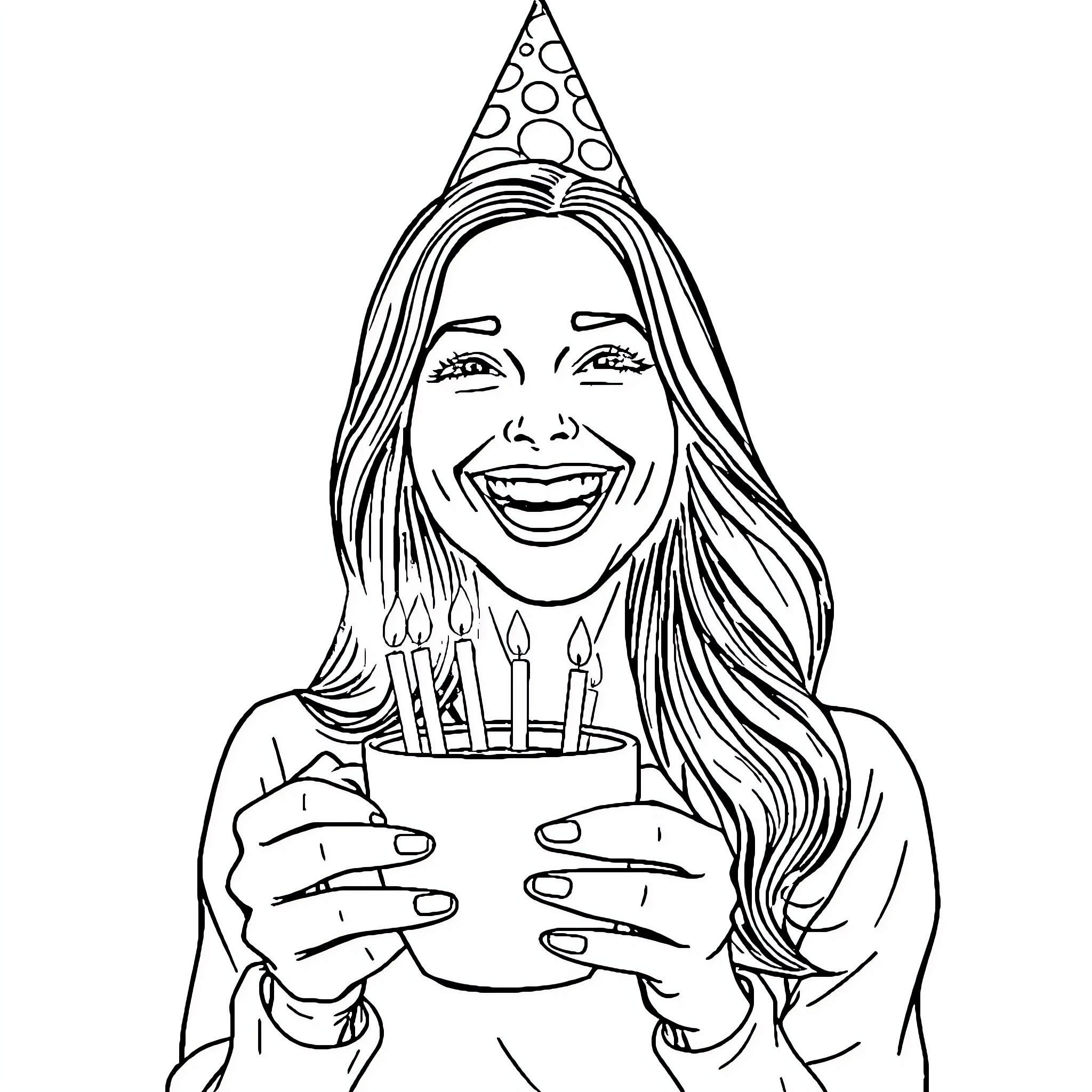 Woman celebrating birthday with cake and candles Coloring Page (free black-and-white line drawing printable PDF for all, from beginners to advanced learners, including children, teens, adults, and seniors)