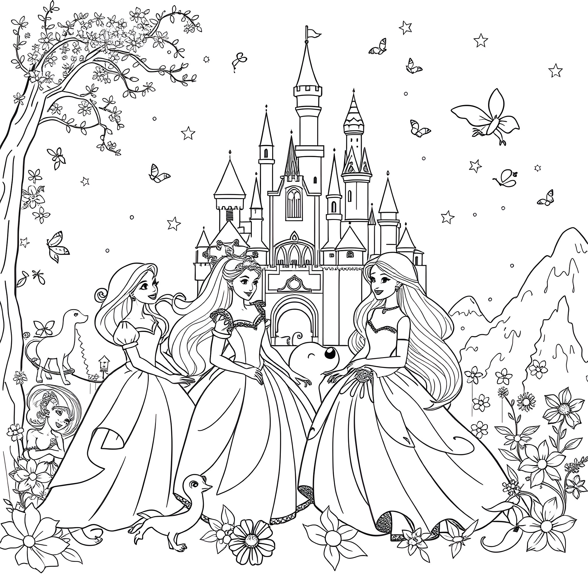 Barbie's Enchanting Castle Adventure Coloring Page (free black-and-white line drawing printable PDF for all, from beginners to advanced learners, including children, teens, adults, and seniors)