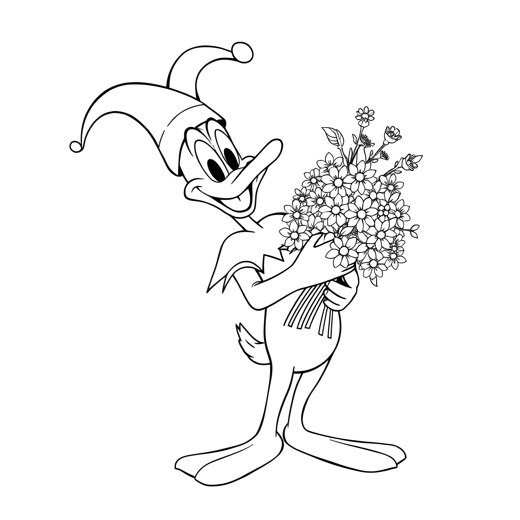 Quackerjack holding a bouquet of flowers Coloring Page (free black-and-white line drawing printable PDF for all, from beginners to advanced learners, including children, teens, adults, and seniors)