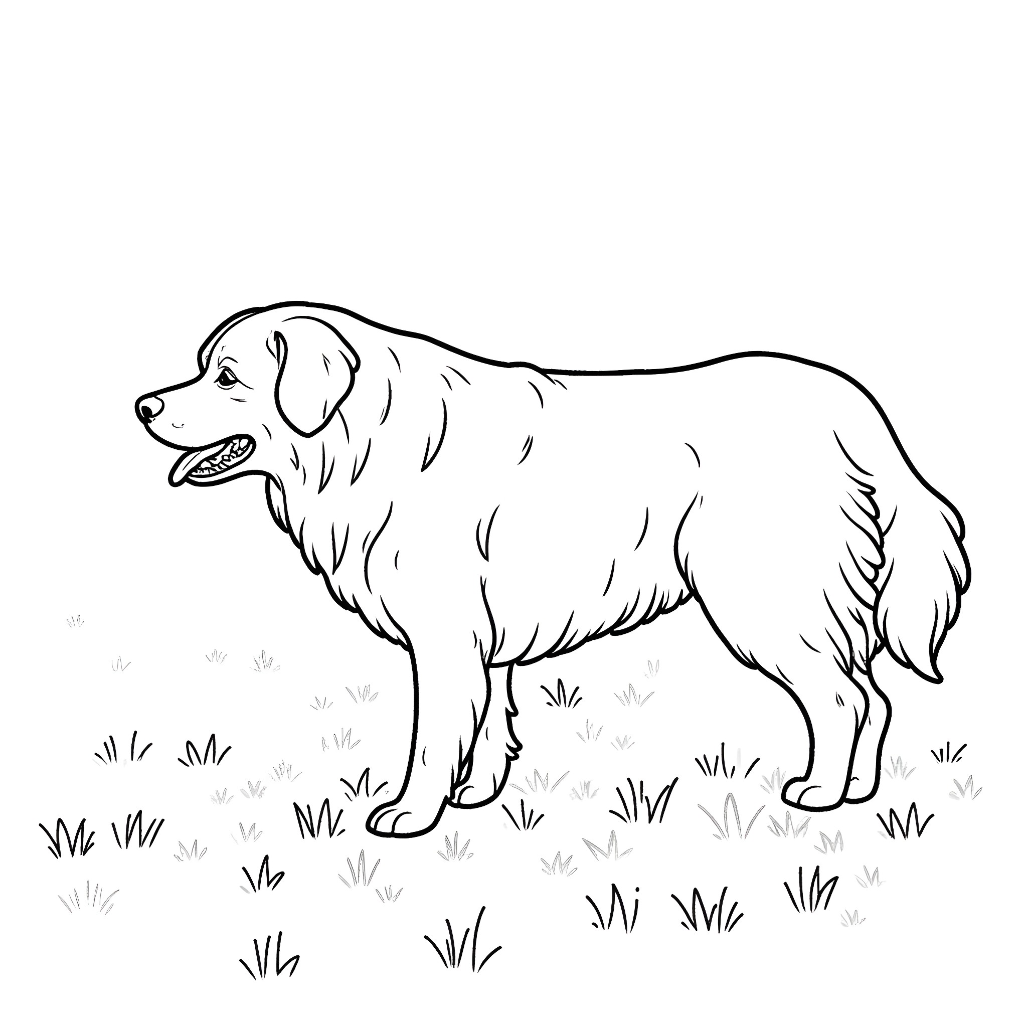 Bernese Mountain Dog standing in the grass Coloring Page (free black-and-white line drawing printable PDF for all, from beginners to advanced learners, including children, teens, adults, and seniors)