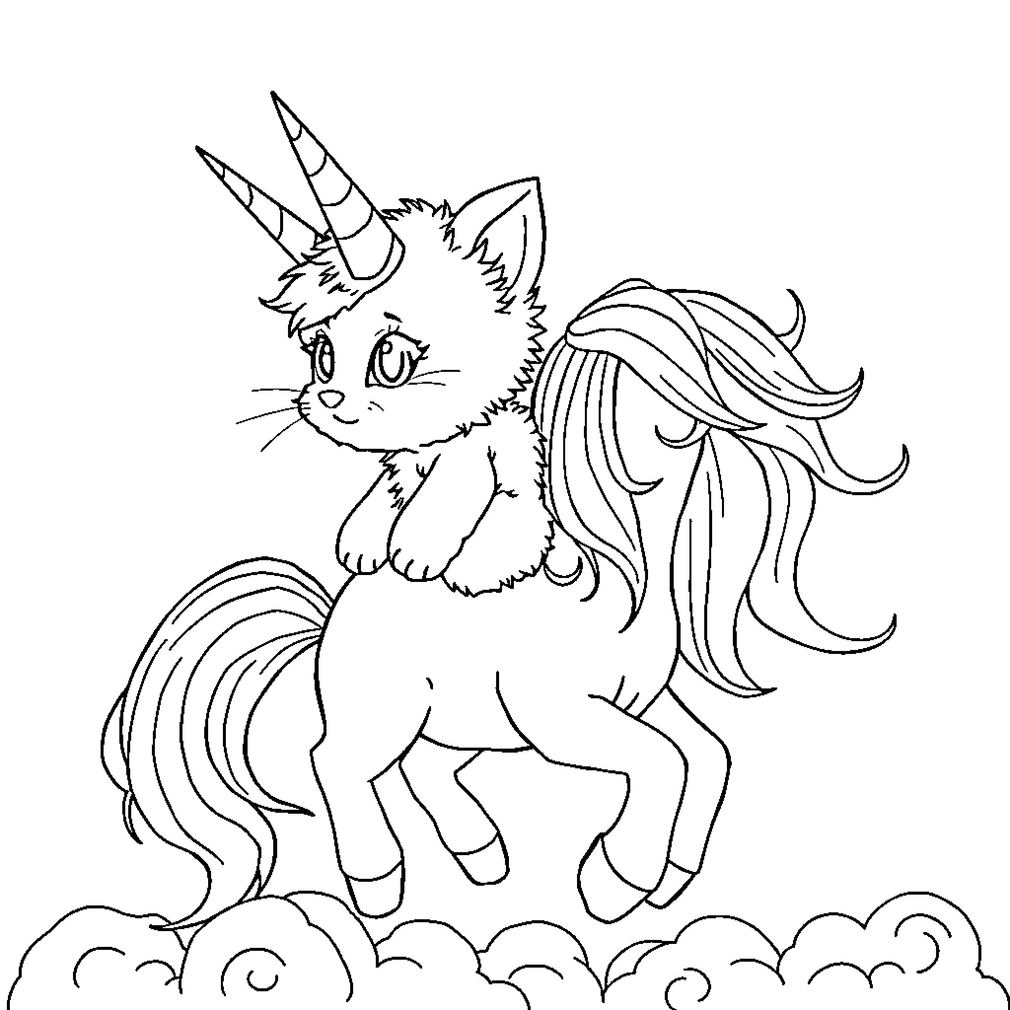 Kitten unicorn playing in the clouds Coloring Page (free black-and-white line drawing printable PDF for all, from beginners to advanced learners, including children, teens, adults, and seniors)