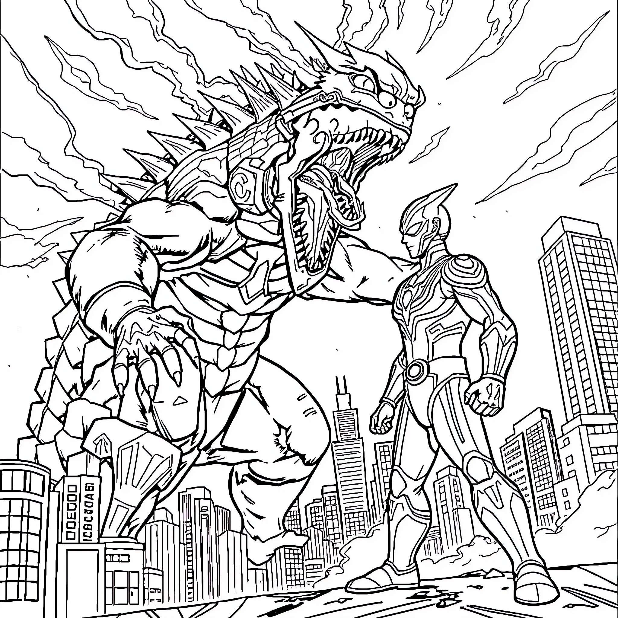 Monster Confronts Superhero in Urban Cityscape Coloring Page (free black-and-white line drawing printable PDF for all, from beginners to advanced learners, including children, teens, adults, and seniors)