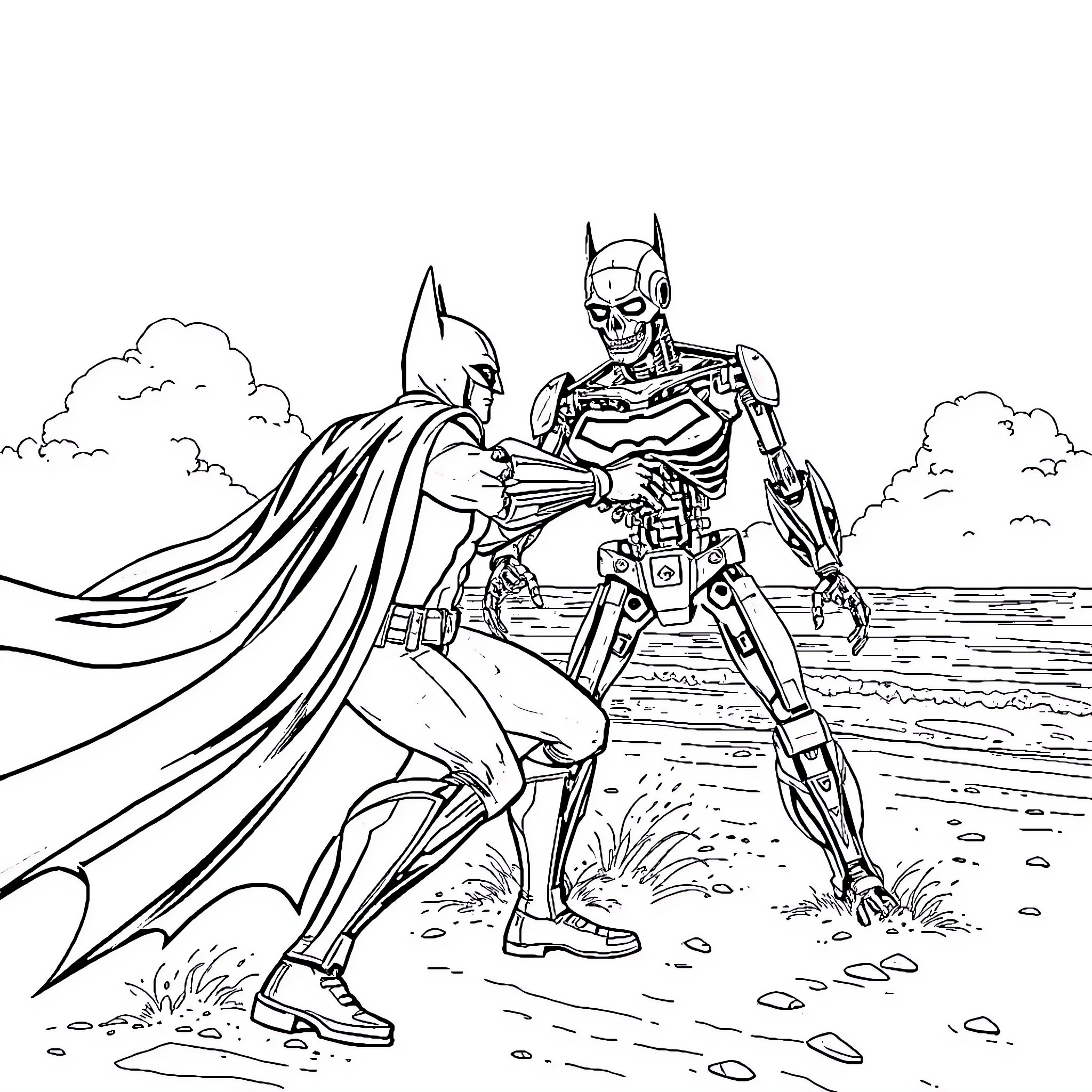 Batman confronting a robotic adversary on the beach Coloring Page (free black-and-white line drawing printable PDF for all, from beginners to advanced learners, including children, teens, adults, and seniors)