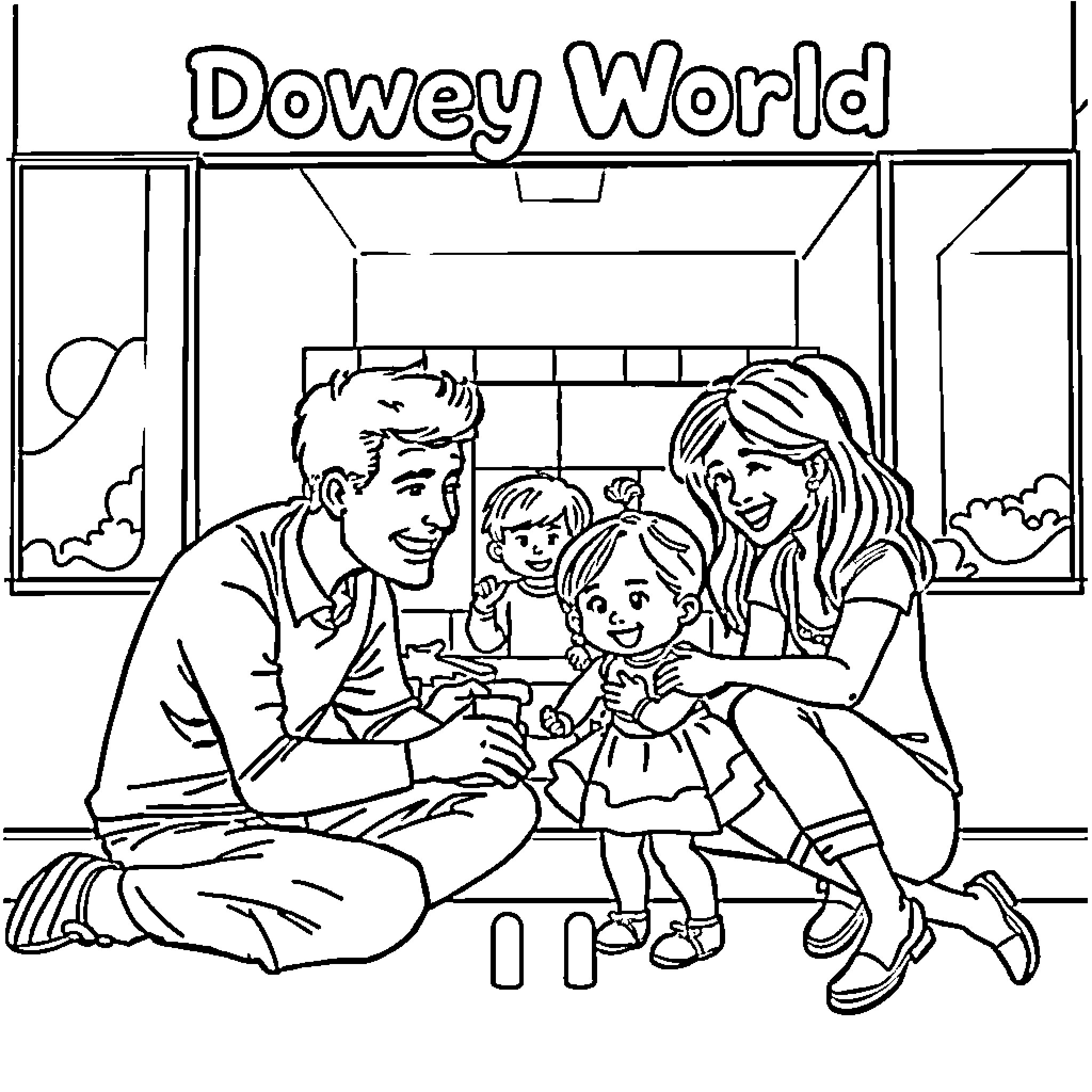Child Family enjoying time at Dowey World Coloring Page (free black-and-white line drawing printable PDF for all, from beginners to advanced learners, including children, teens, adults, and seniors)
