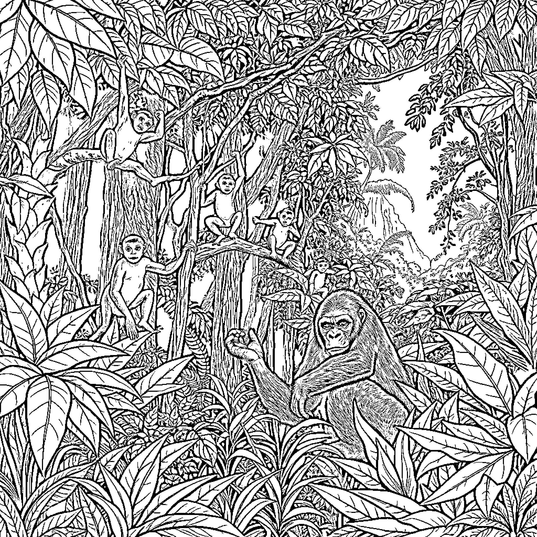 Rainforest Primates Exploring the Lush Habitat Coloring Page (free black-and-white line drawing printable PDF for all, from beginners to advanced learners, including children, teens, adults, and seniors)