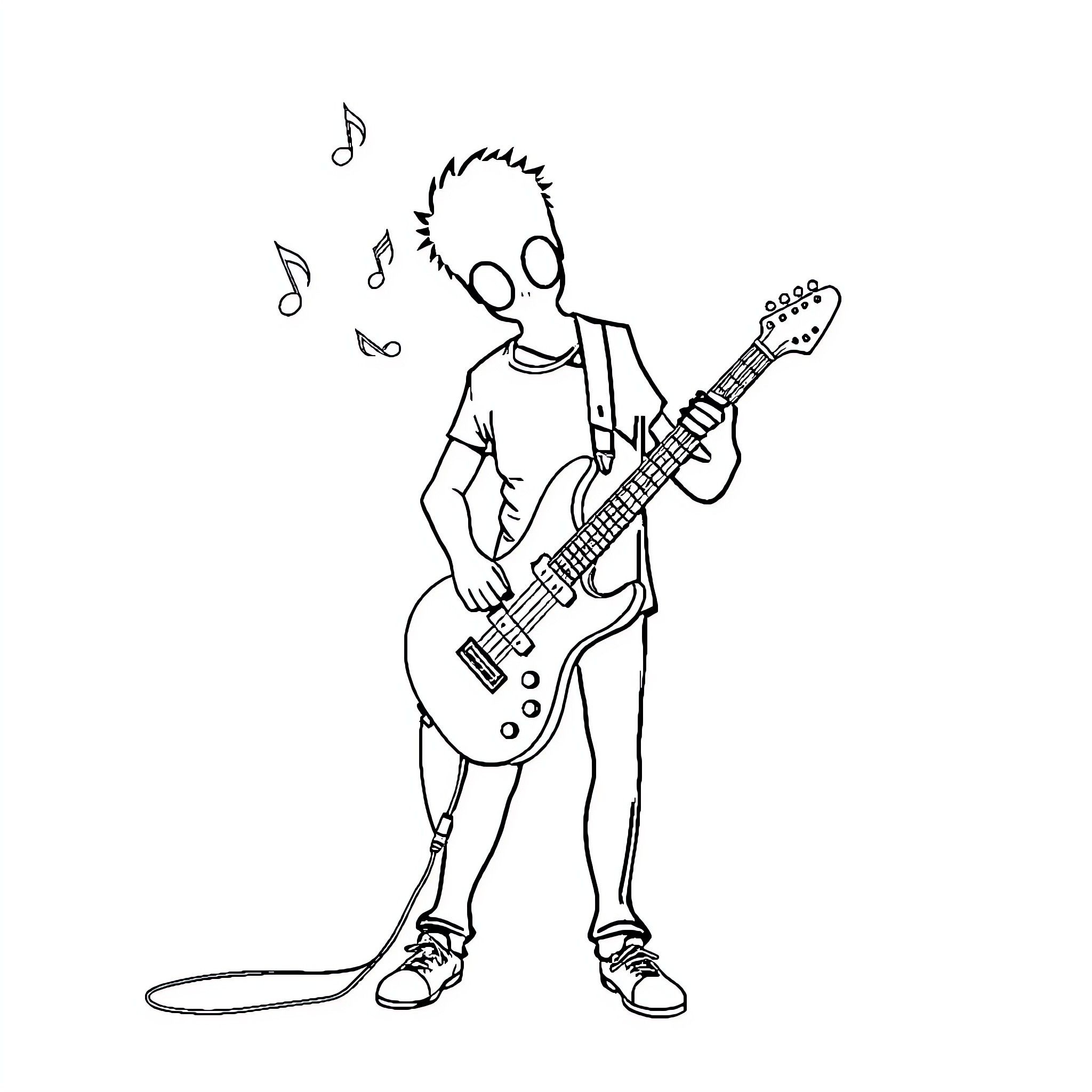 Shadow Musician Rocking on Guitar Coloring Page (free black-and-white line drawing printable PDF for all, from beginners to advanced learners, including children, teens, adults, and seniors)