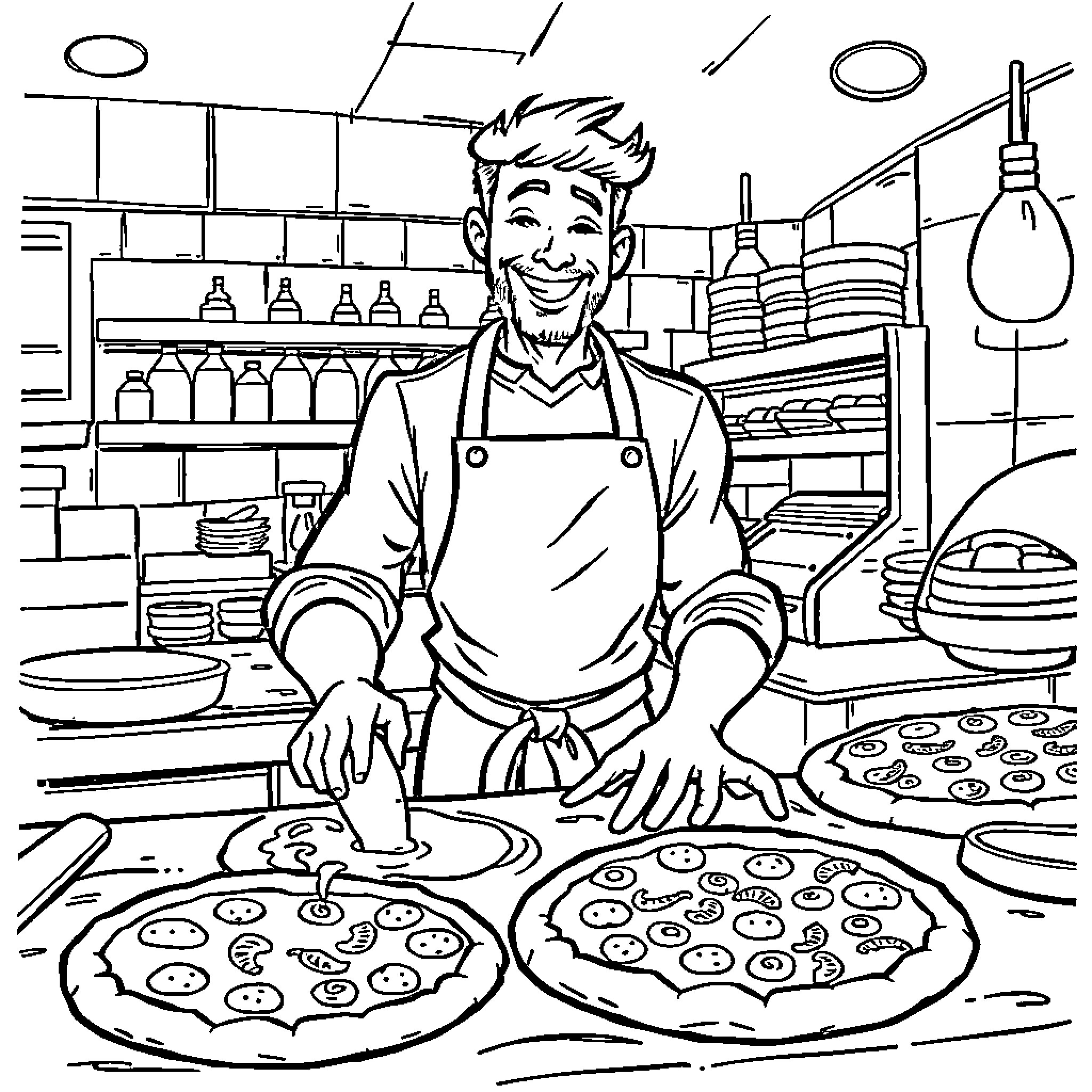 Guy making pizza in a busy kitchen Coloring Page (free black-and-white line drawing printable PDF for all, from beginners to advanced learners, including children, teens, adults, and seniors)