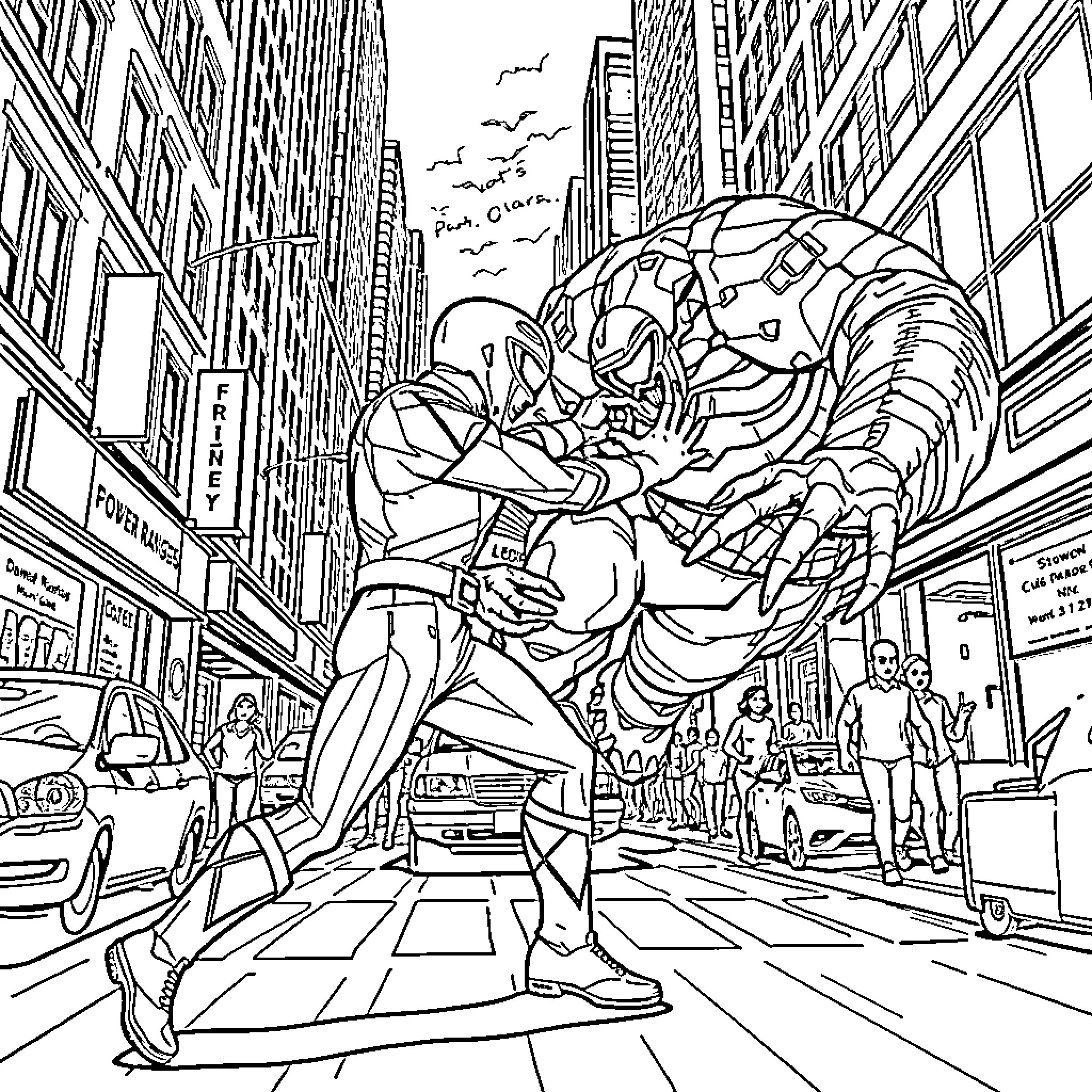 Power Ranger Heroic Battle in the City Streets Coloring Page (free black-and-white line drawing printable PDF for all, from beginners to advanced learners, including children, teens, adults, and seniors)