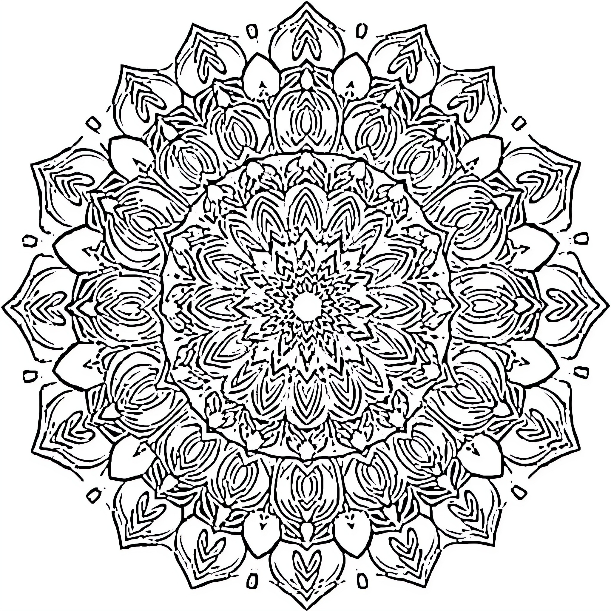 Mandala of intricate floral patterns Coloring Page (free black-and-white line drawing printable PDF for all, from beginners to advanced learners, including children, teens, adults, and seniors)