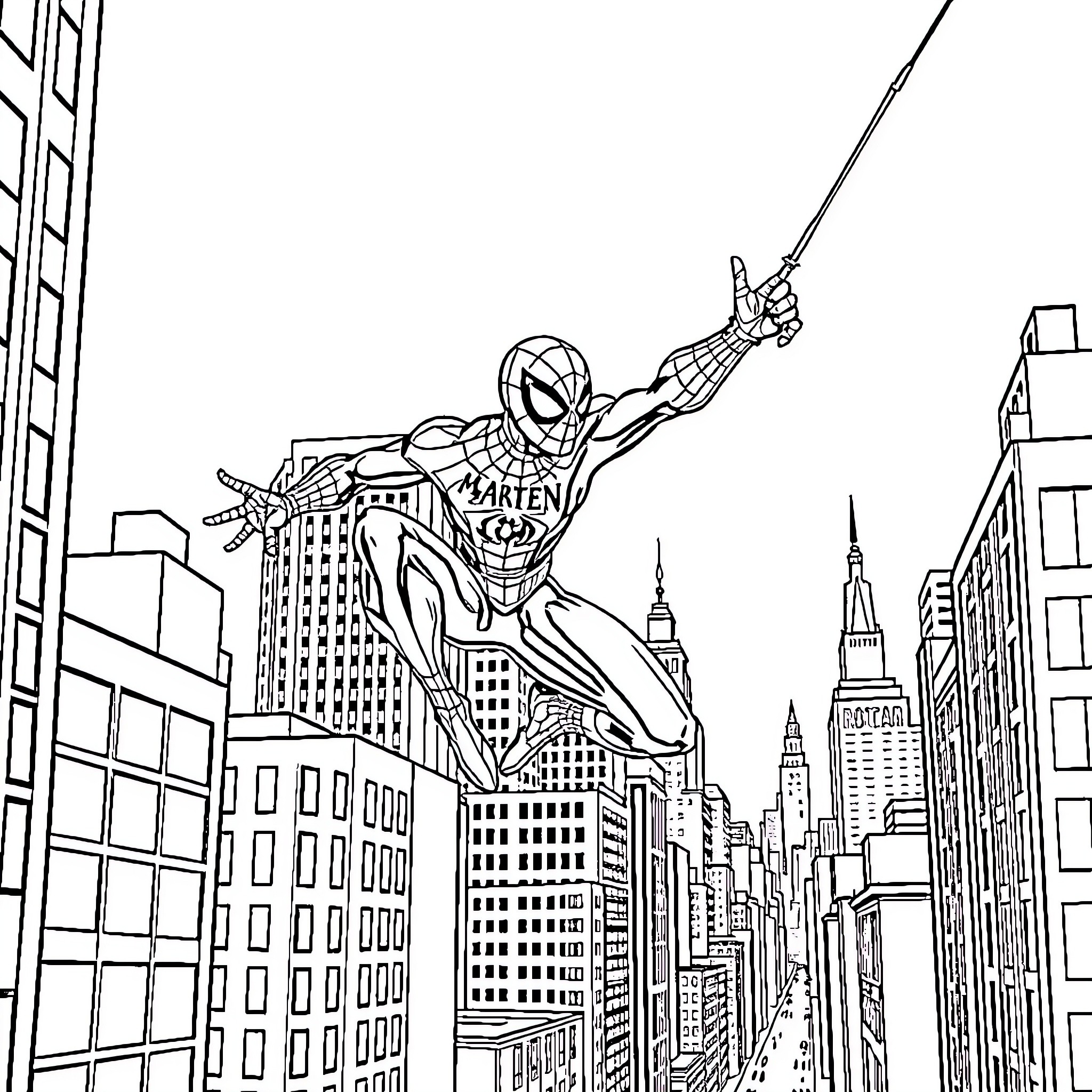 Spider-Man swinging through the city skyline Coloring Page (free black-and-white line drawing printable PDF for all, from beginners to advanced learners, including children, teens, adults, and seniors)