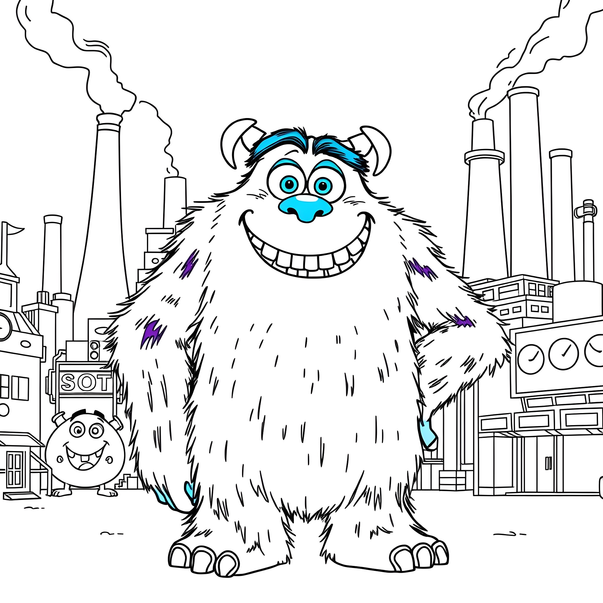 Sulley in a Bustling Industrial Landscape Coloring Page (free black-and-white line drawing printable PDF for all, from beginners to advanced learners, including children, teens, adults, and seniors)