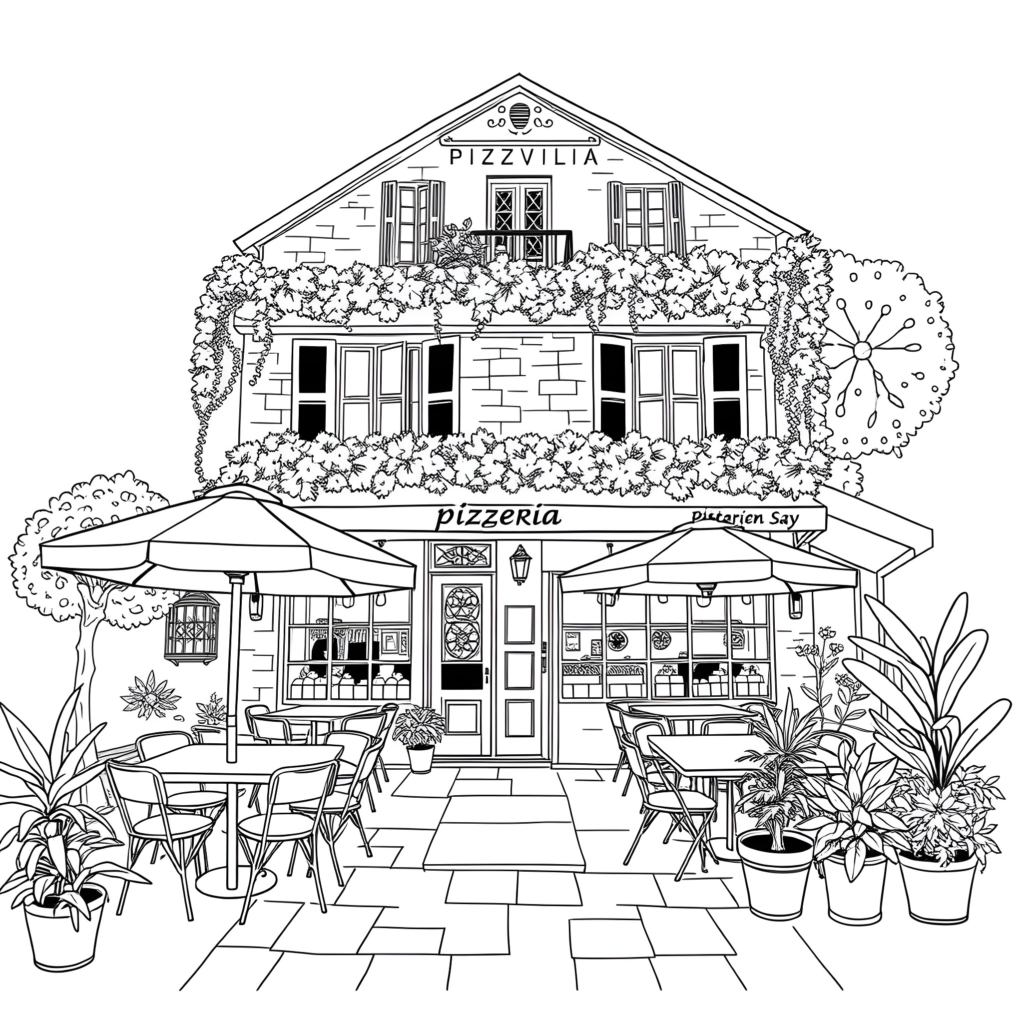 Restaurant with outdoor dining and floral decor Coloring Page (free black-and-white line drawing printable PDF for all, from beginners to advanced learners, including children, teens, adults, and seniors)