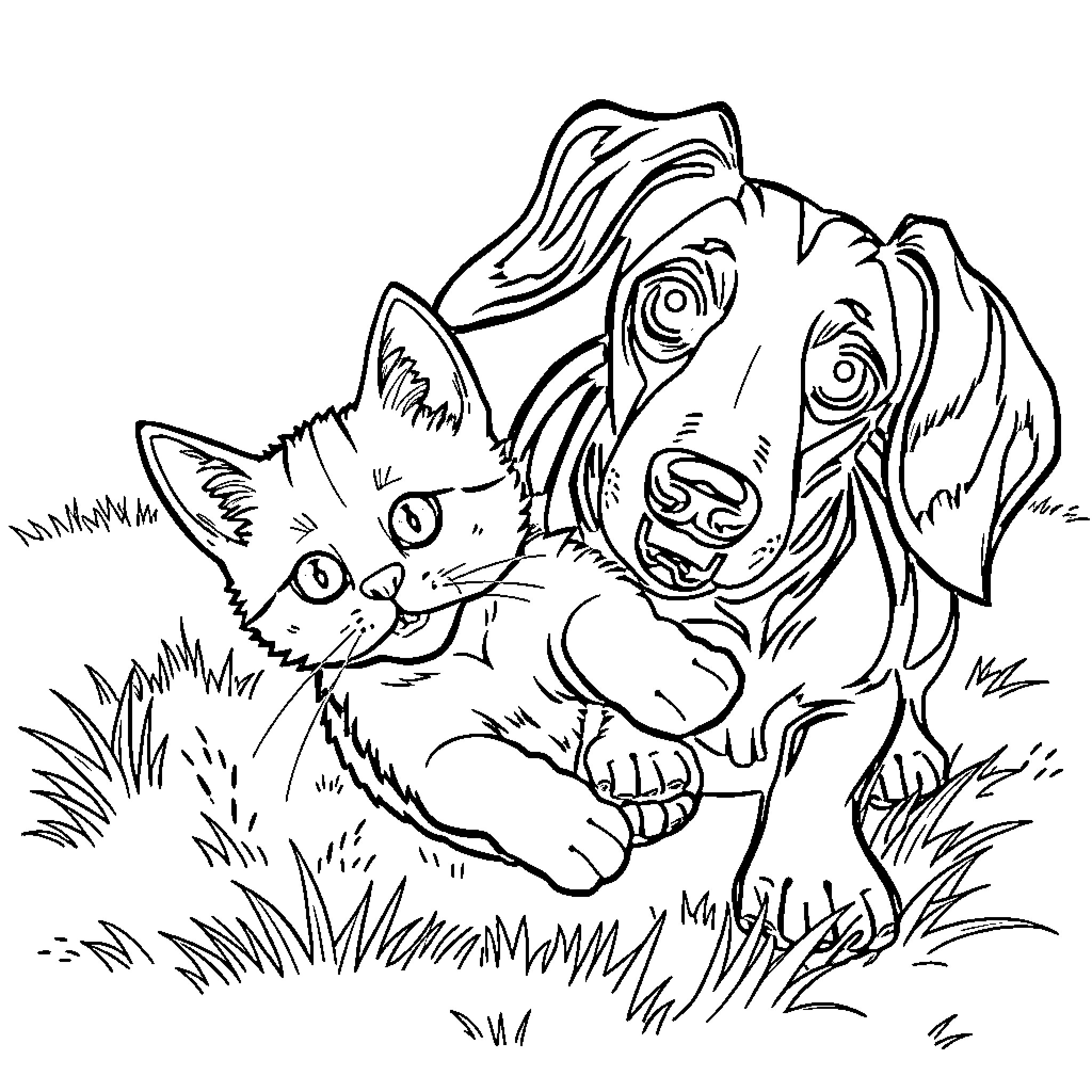 Dachshund and Cat Playing Together Outdoors Coloring Page (free black-and-white line drawing printable PDF for all, from beginners to advanced learners, including children, teens, adults, and seniors)