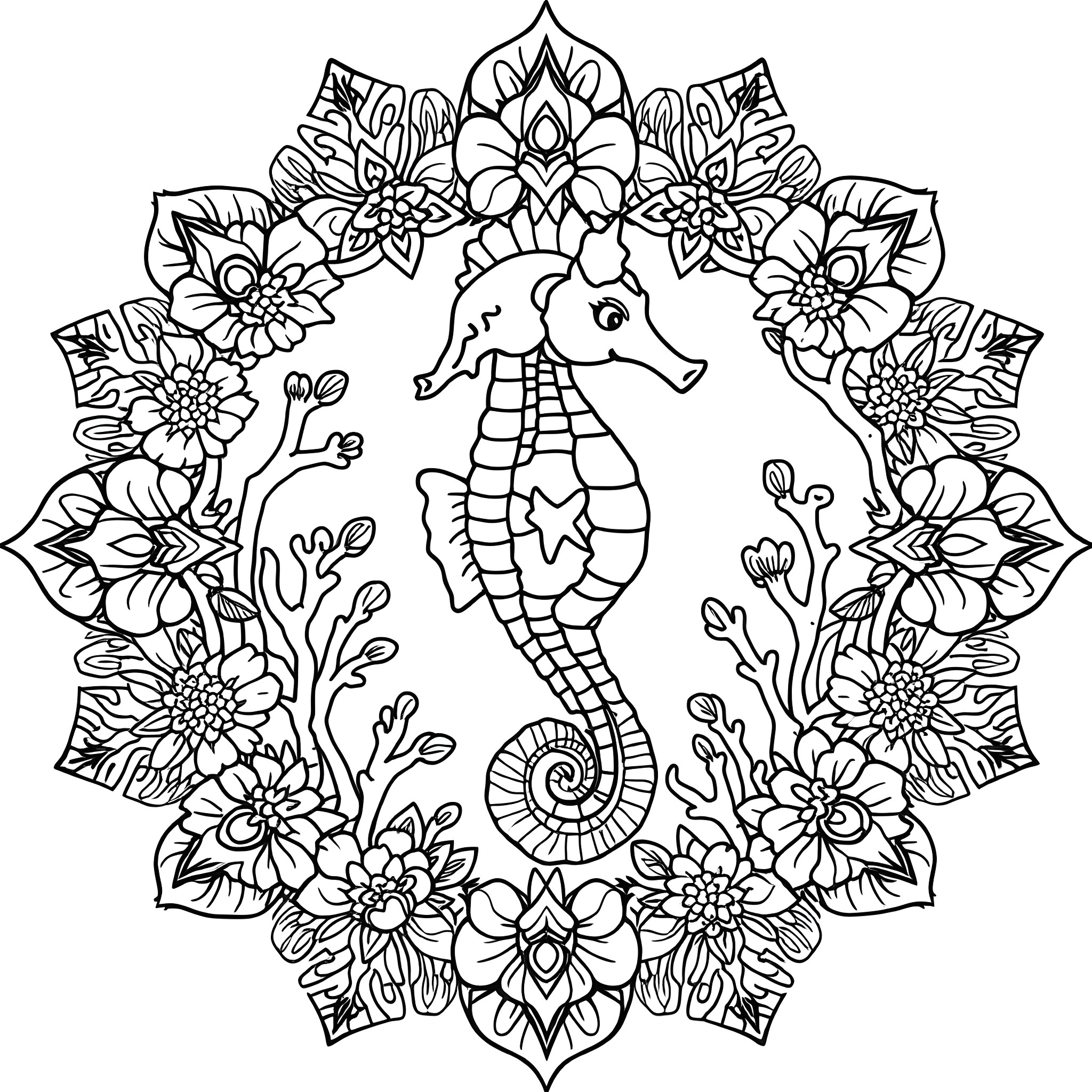 Seahorse surrounded by decorative floral pattern Coloring Page (free black-and-white line drawing printable PDF for all, from beginners to advanced learners, including children, teens, adults, and seniors)