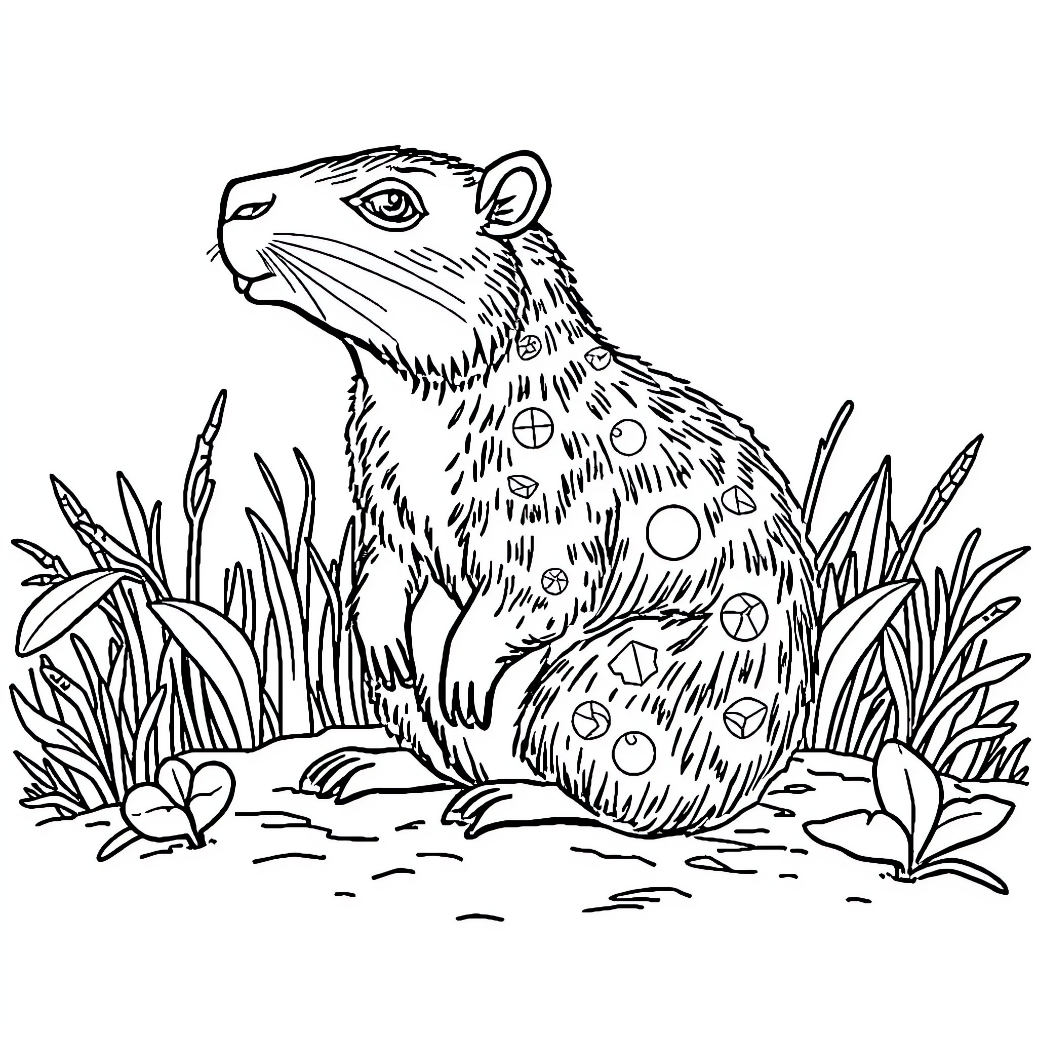 Capybara exploring the natural scenery Coloring Page (free black-and-white line drawing printable PDF for all, from beginners to advanced learners, including children, teens, adults, and seniors)