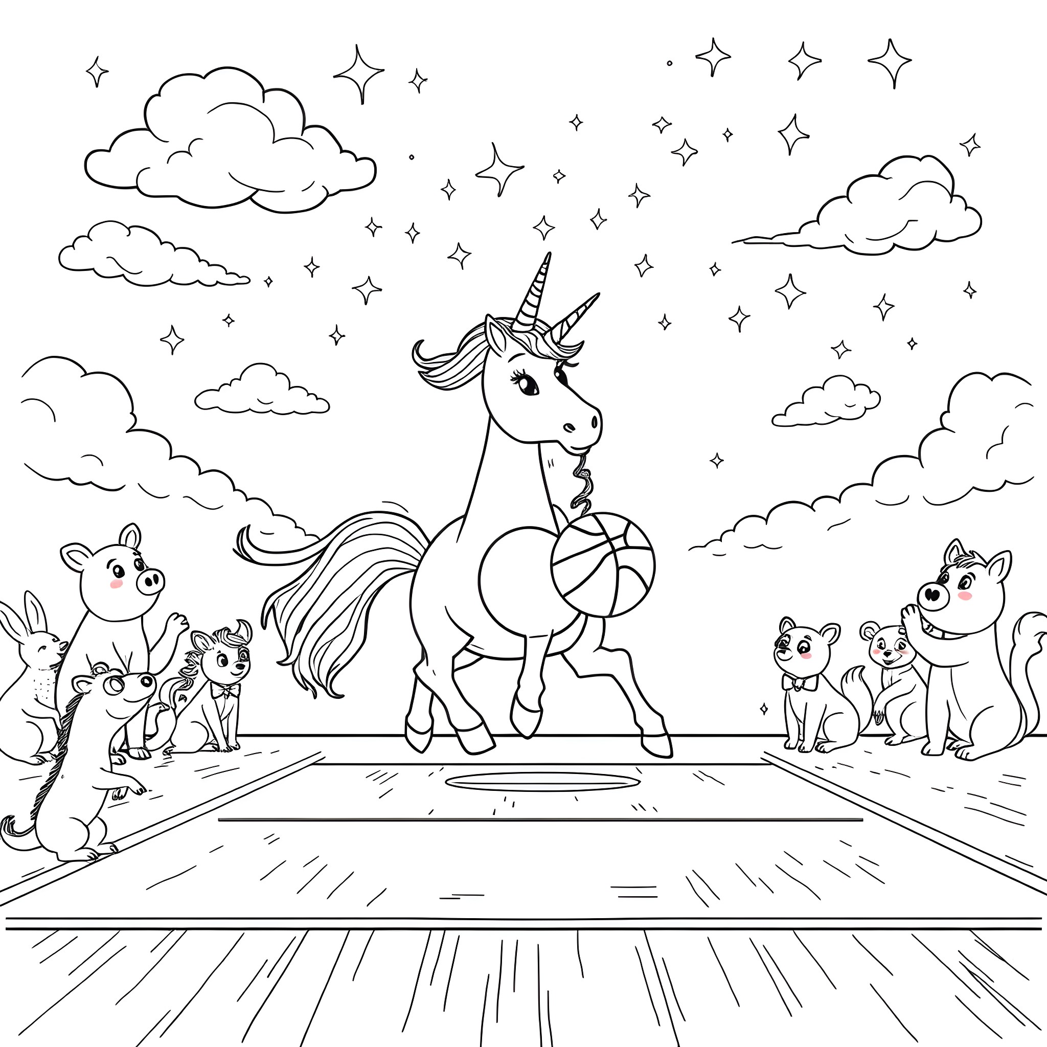 Unicorn playing with animal friends under the starry sky Coloring Page (free black-and-white line drawing printable PDF for all, from beginners to advanced learners, including children, teens, adults, and seniors)