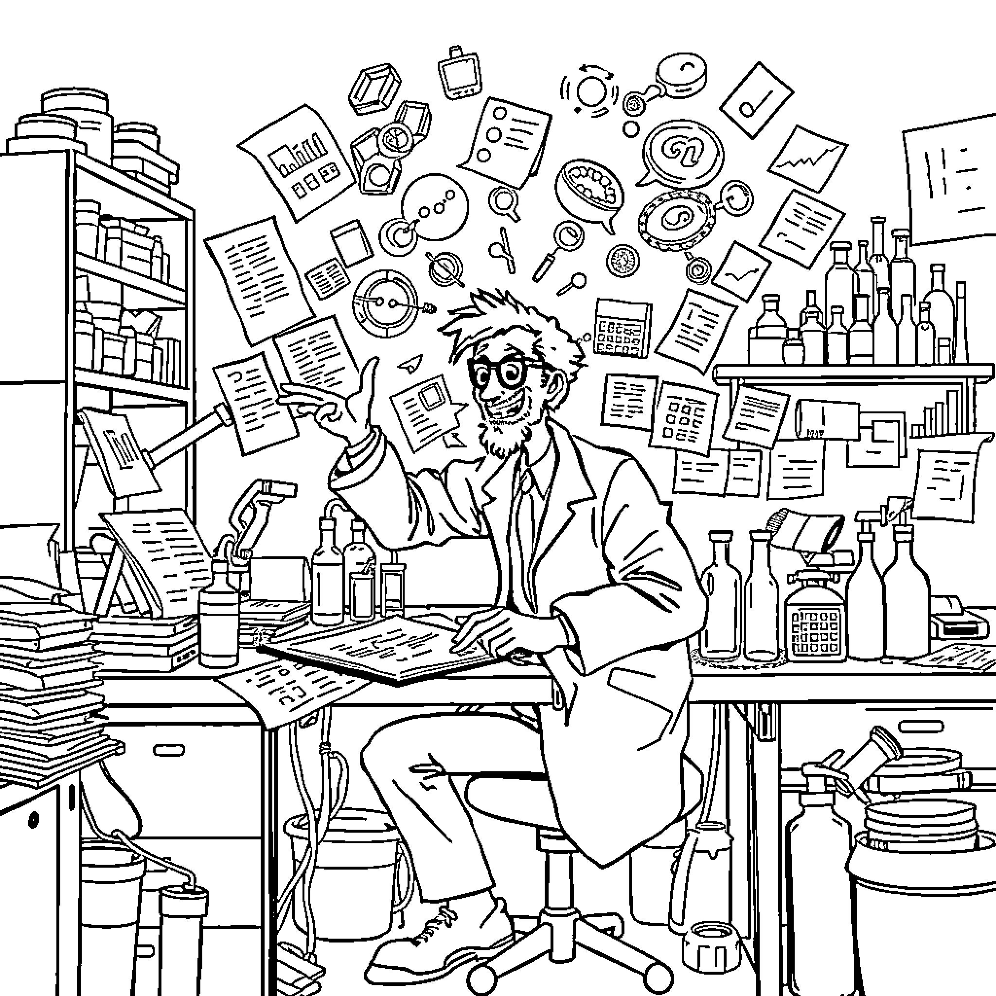 Scientist hard at work in cluttered laboratory Coloring Page (free black-and-white line drawing printable PDF for all, from beginners to advanced learners, including children, teens, adults, and seniors)