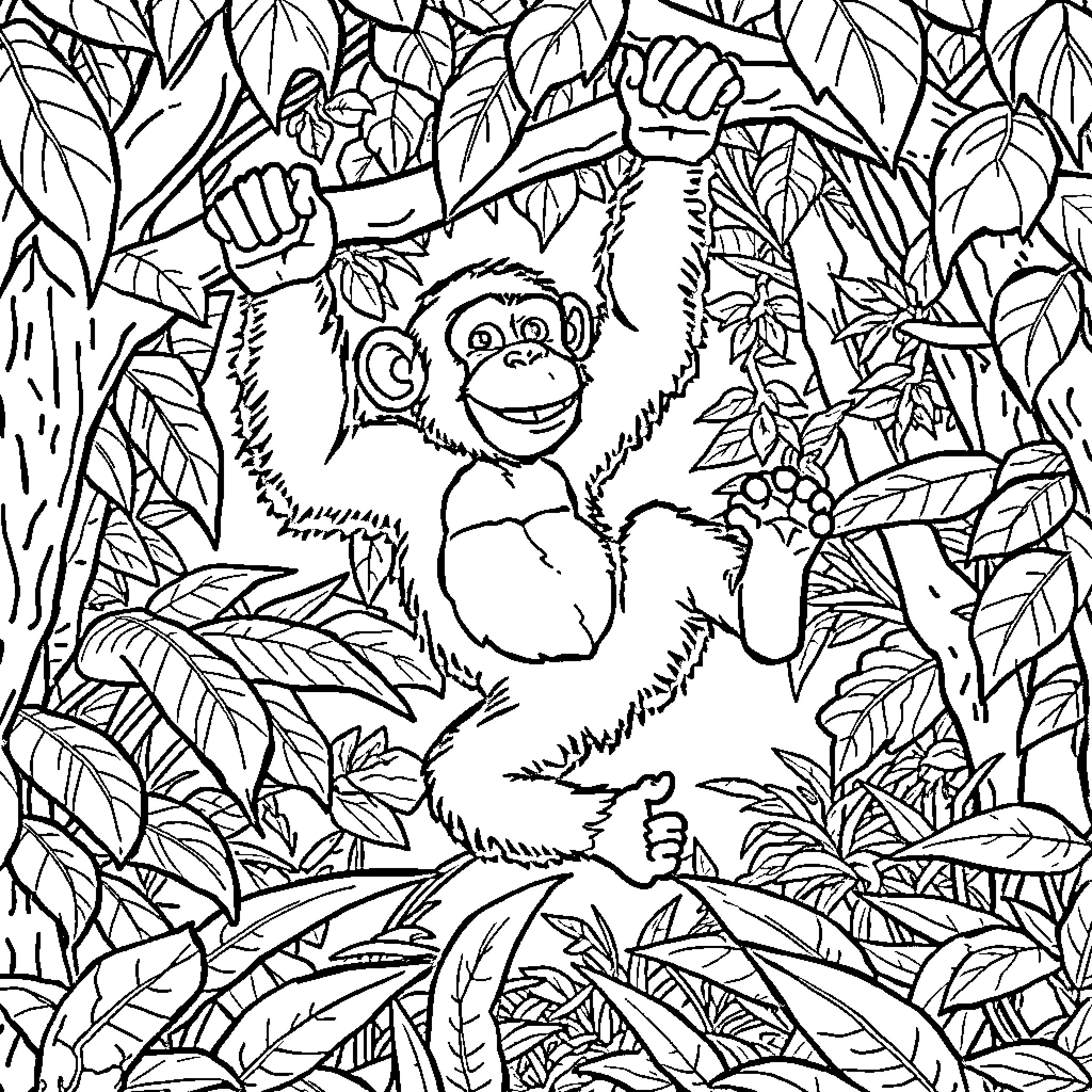 Chimpanzee swinging happily in the jungle Coloring Page (free black-and-white line drawing printable PDF for all, from beginners to advanced learners, including children, teens, adults, and seniors)