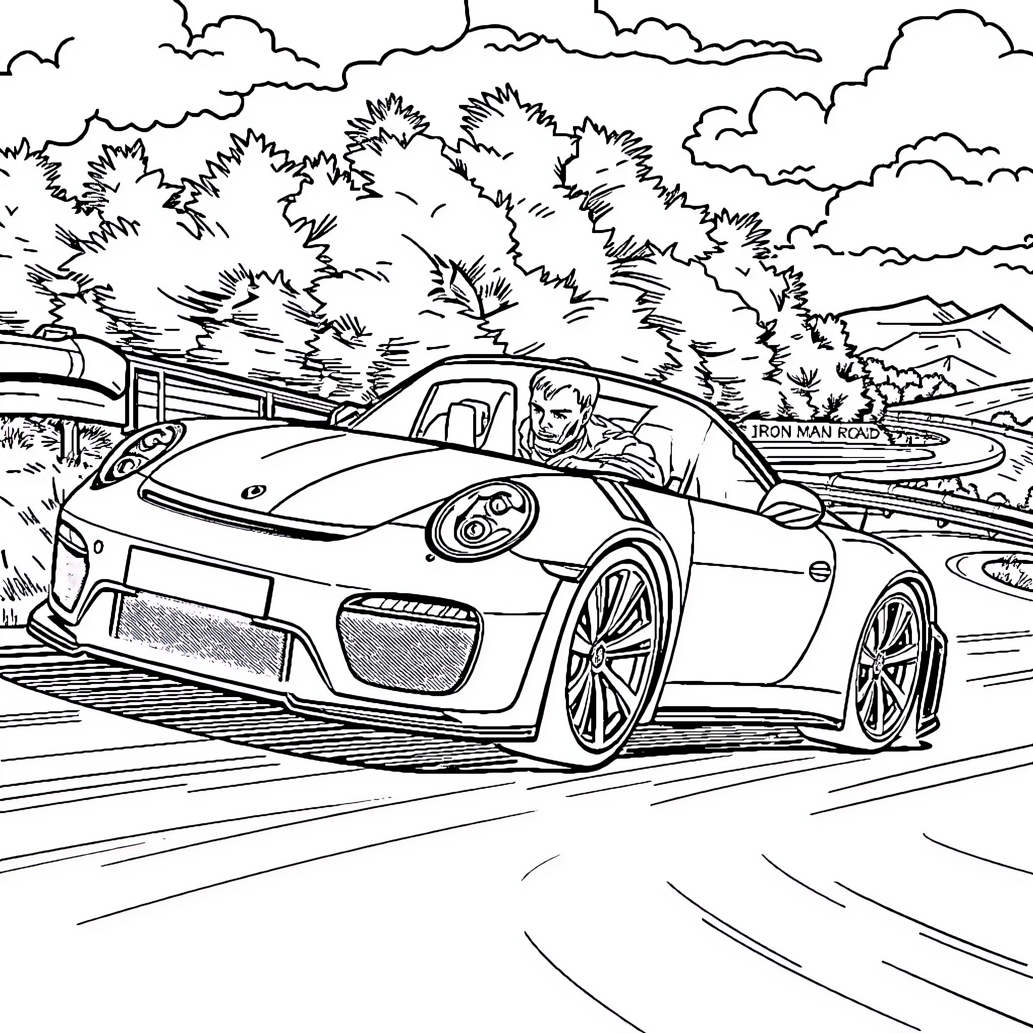 Iron Man driving a fast sports car on the road Coloring Page (free black-and-white line drawing printable PDF for all, from beginners to advanced learners, including children, teens, adults, and seniors)