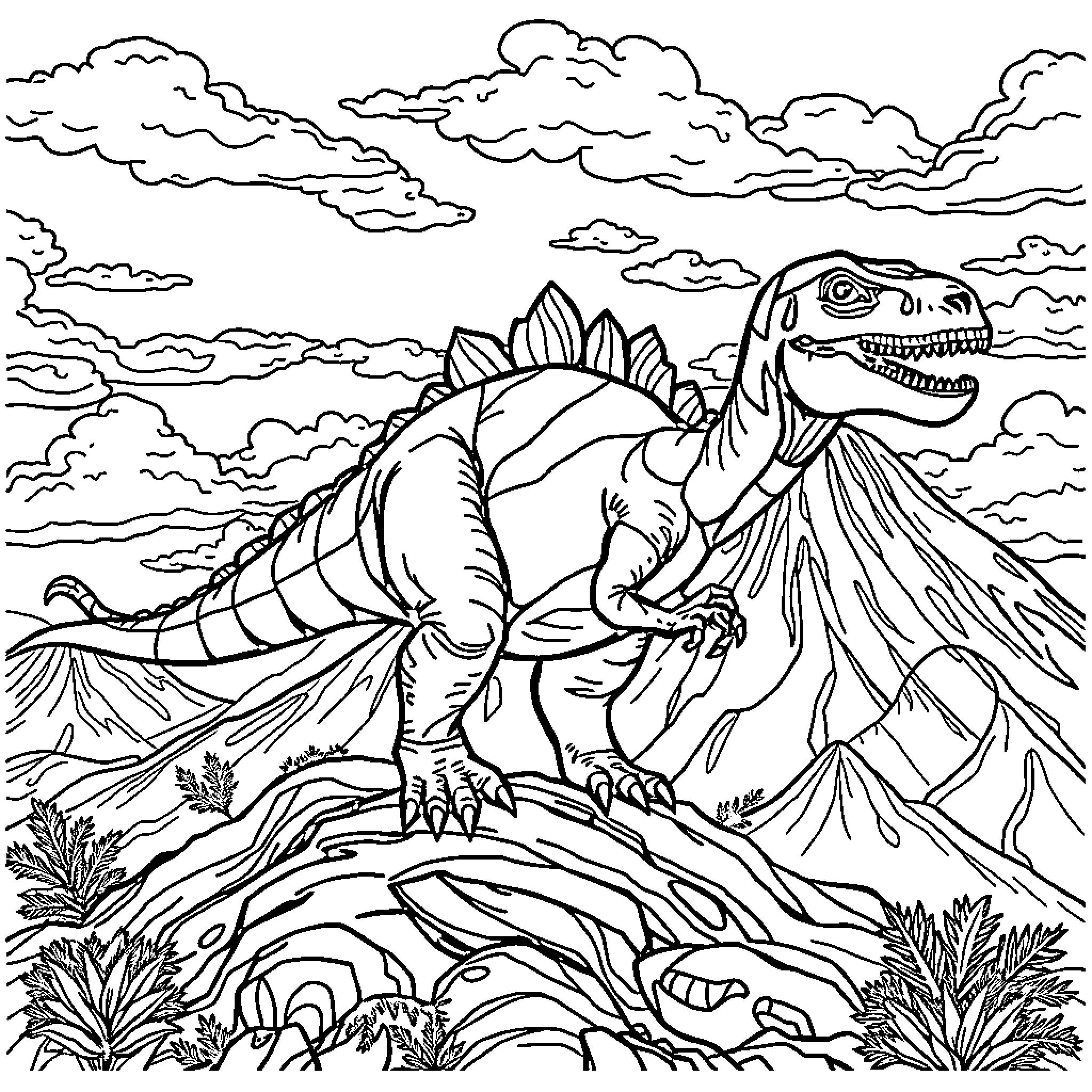 Dinosaur exploring the prehistoric landscape Coloring Page (free black-and-white line drawing printable PDF for all, from beginners to advanced learners, including children, teens, adults, and seniors)