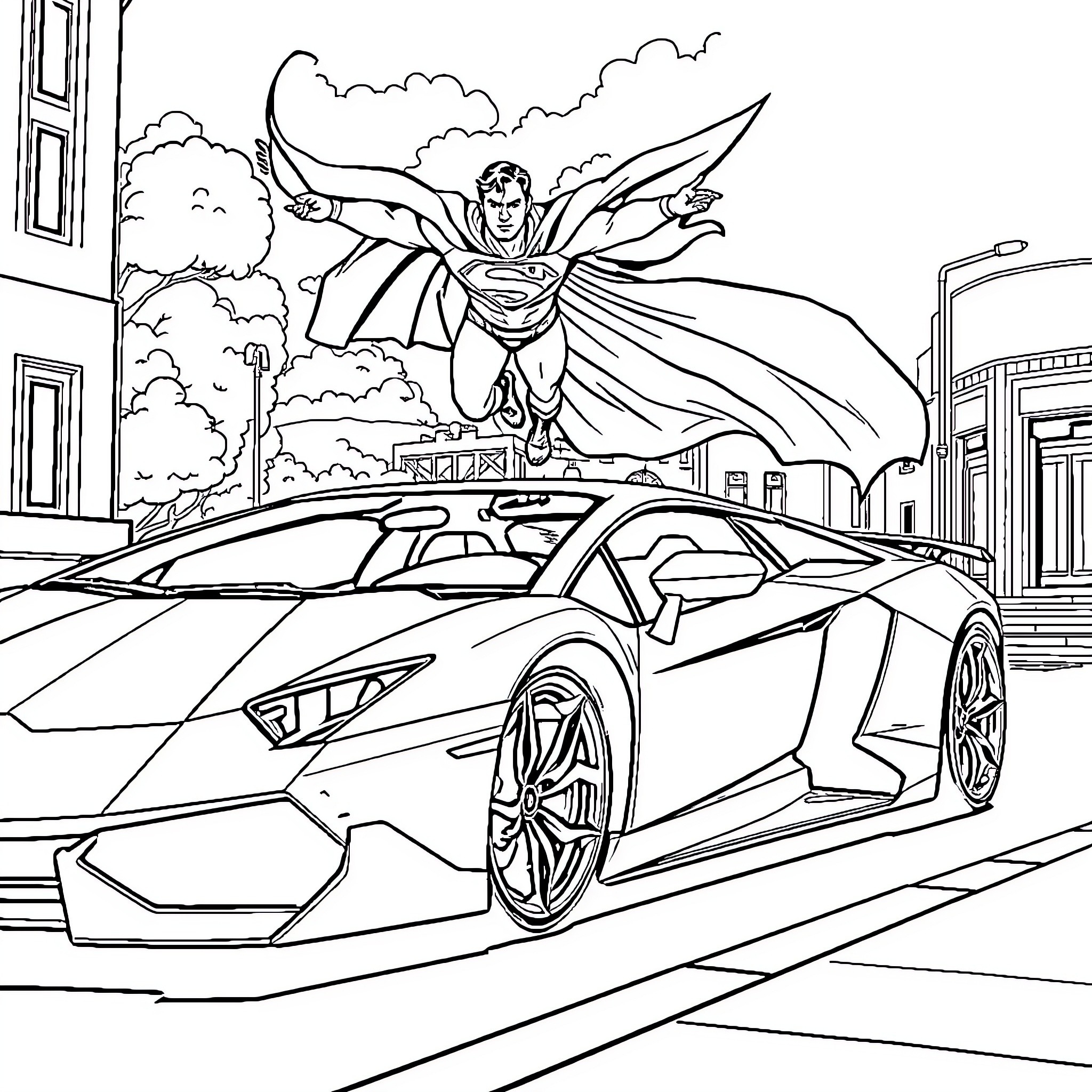 Lamborghini speeding through the city with a superhero above Coloring Page (free black-and-white line drawing printable PDF for all, from beginners to advanced learners, including children, teens, adults, and seniors)