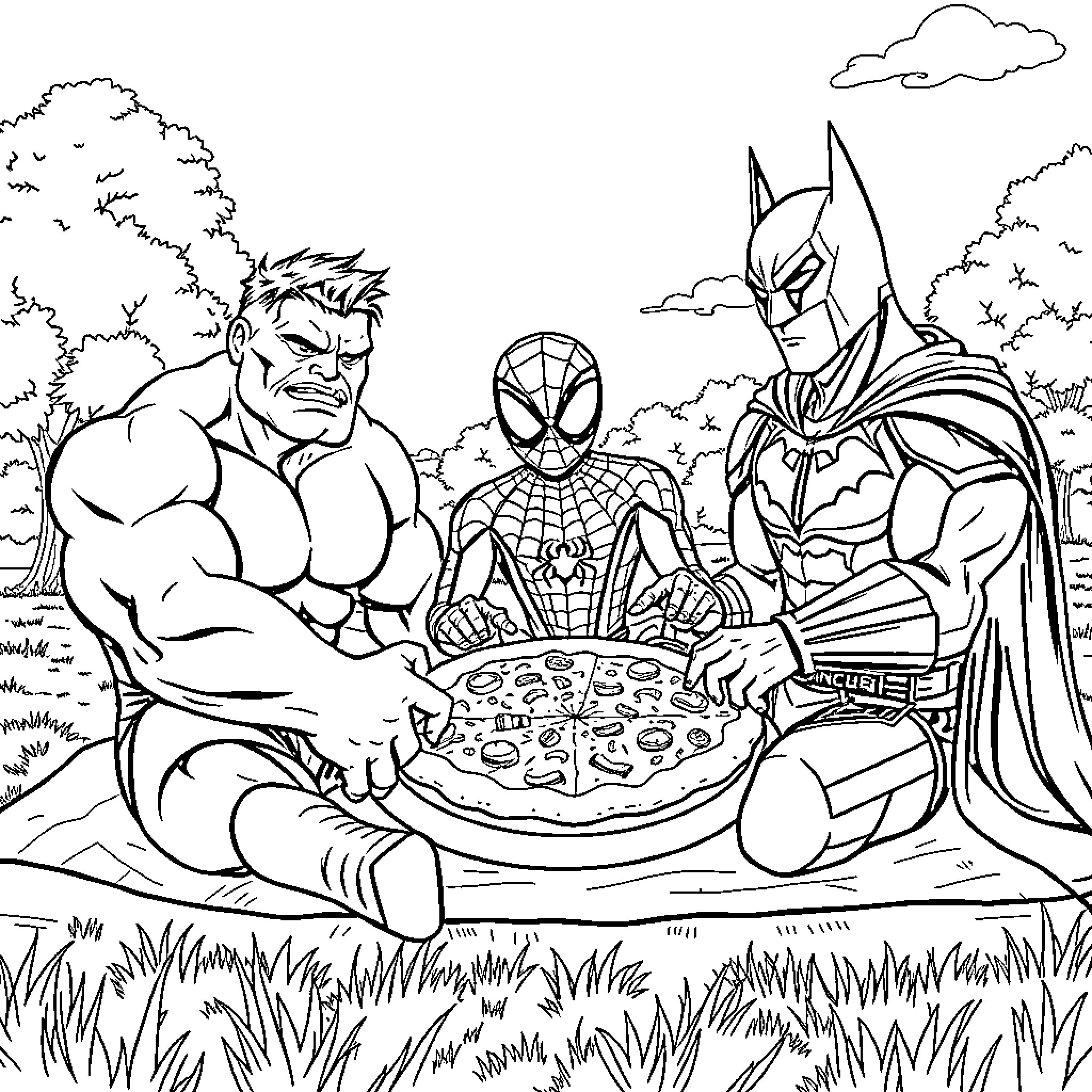 Superhero Friends Enjoying a Picnic Coloring Page (free black-and-white line drawing printable PDF for all, from beginners to advanced learners, including children, teens, adults, and seniors)