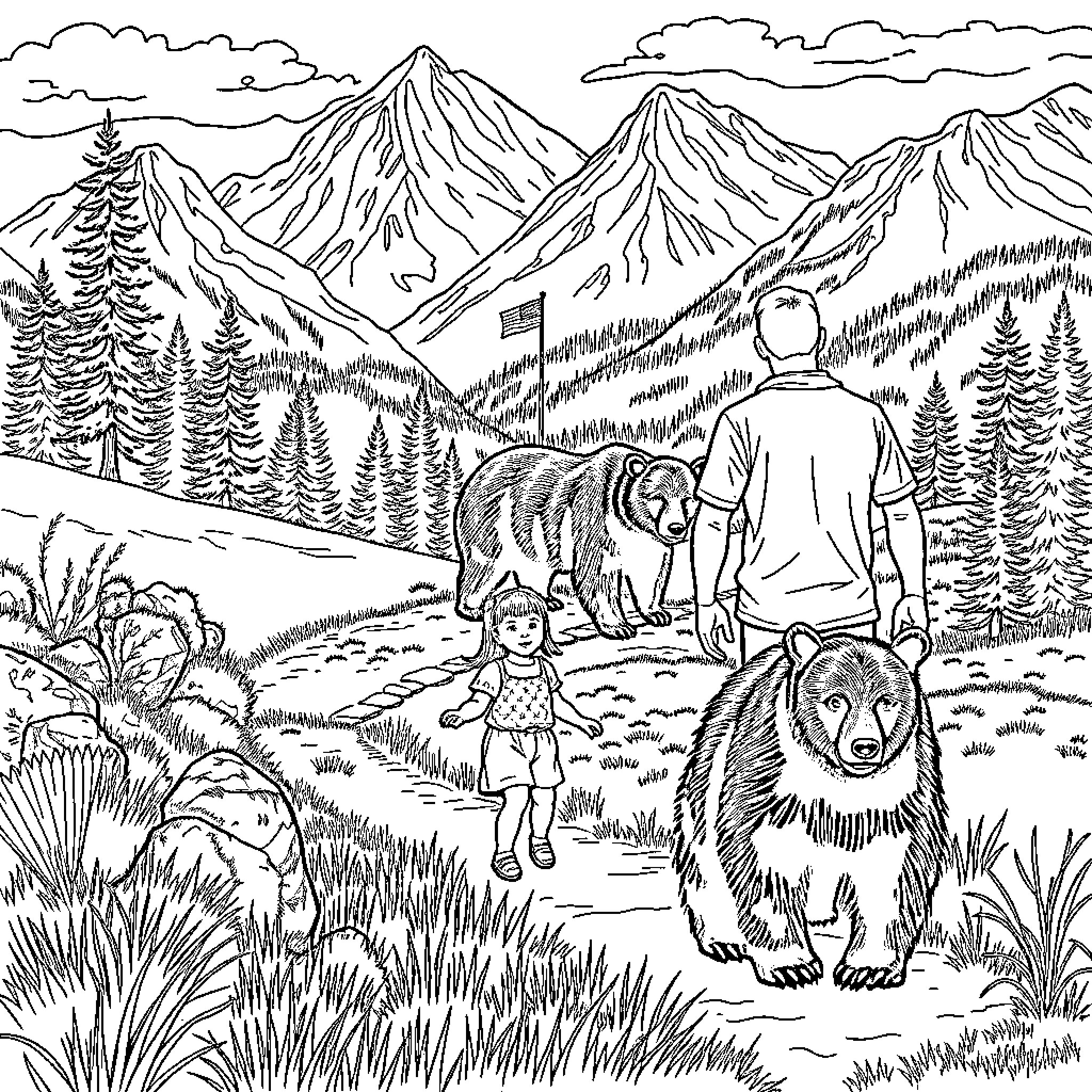 Bear Family Exploring Scenic Mountain Landscape Coloring Page (free black-and-white line drawing printable PDF for all, from beginners to advanced learners, including children, teens, adults, and seniors)