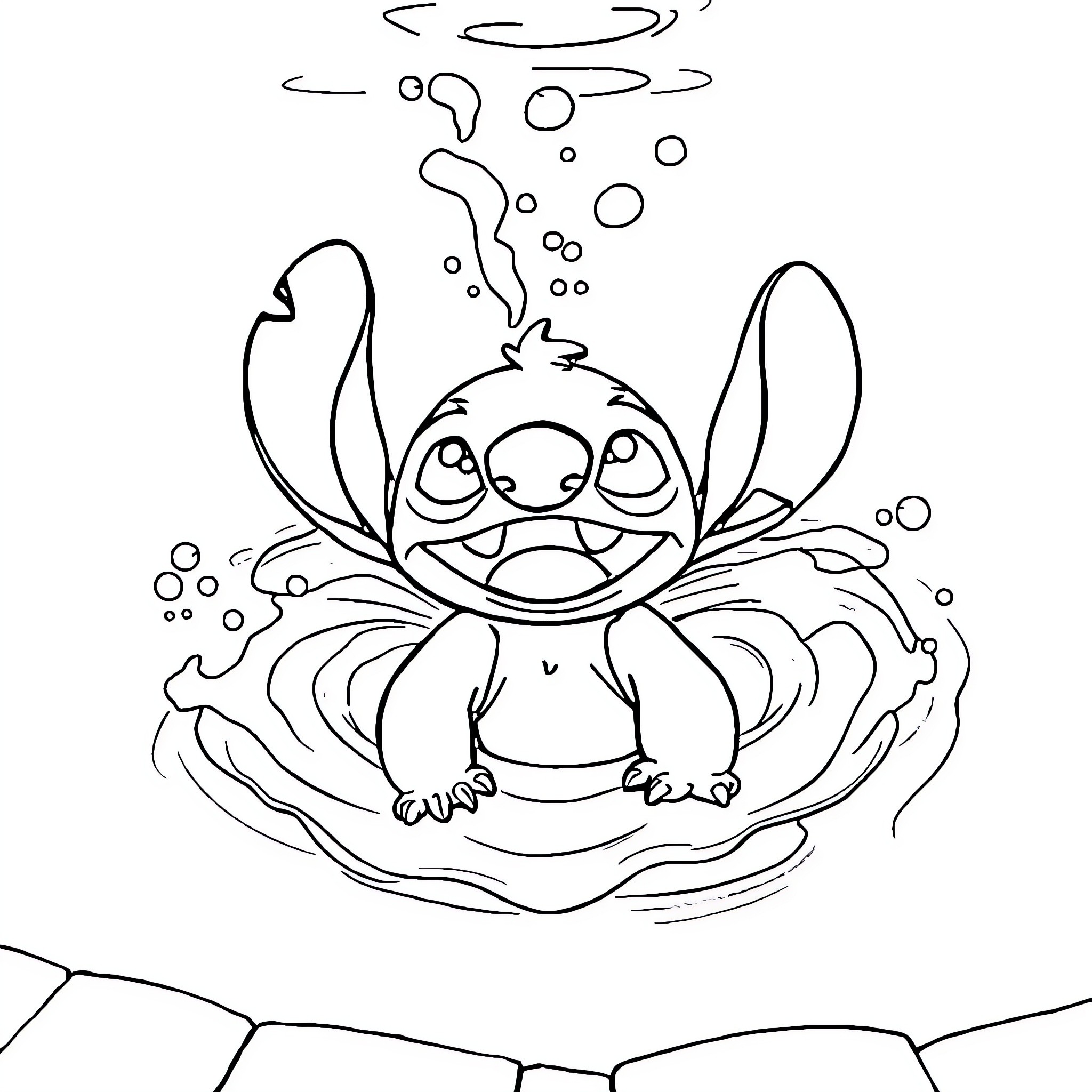 Stitch splashing happily in a puddle Coloring Page (free black-and-white line drawing printable PDF for all, from beginners to advanced learners, including children, teens, adults, and seniors)