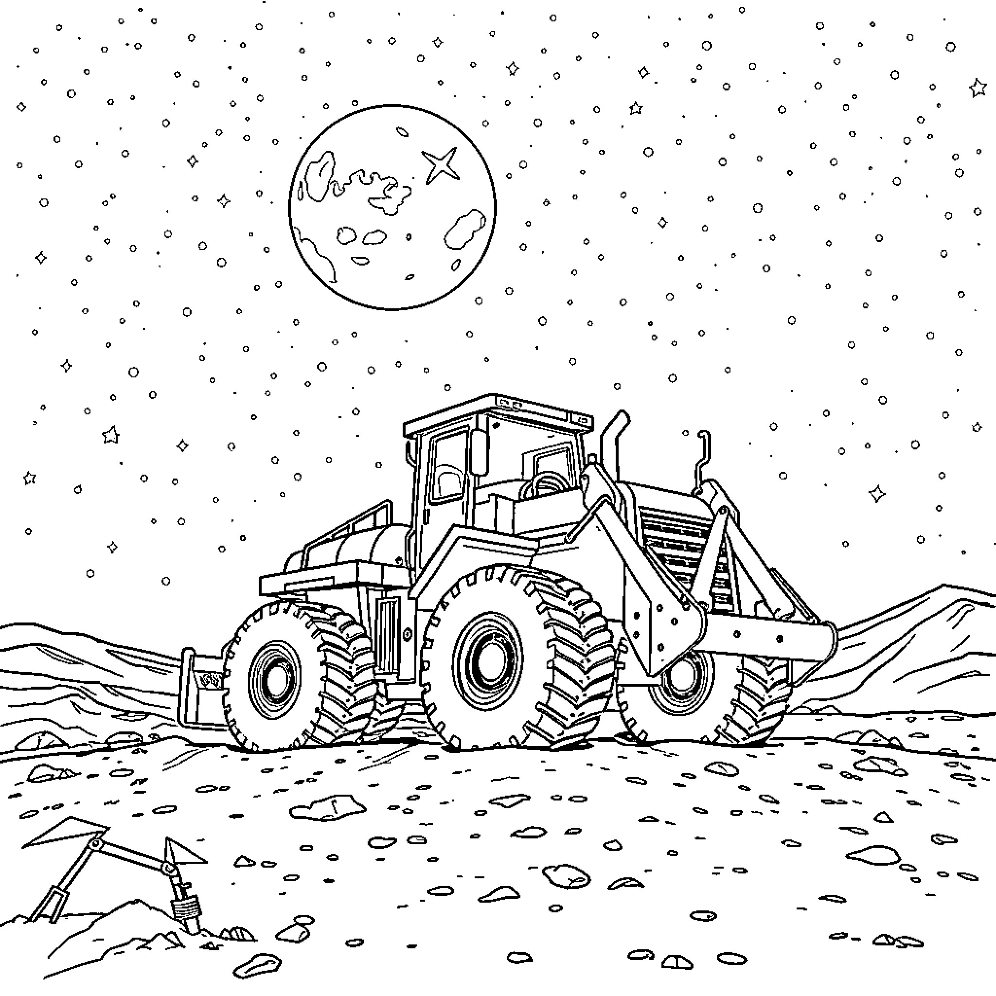 Bulldozer working under the night sky Coloring Page (free black-and-white line drawing printable PDF for all, from beginners to advanced learners, including children, teens, adults, and seniors)