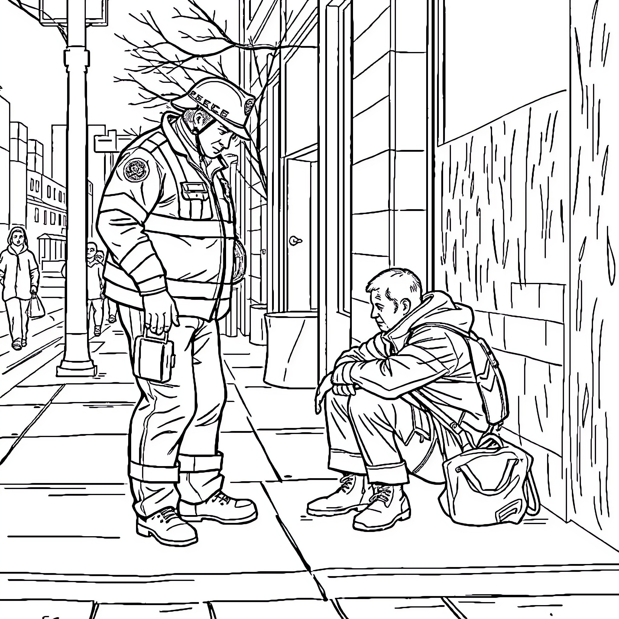Responder assists person in need on urban street Coloring Page (free black-and-white line drawing printable PDF for all, from beginners to advanced learners, including children, teens, adults, and seniors)