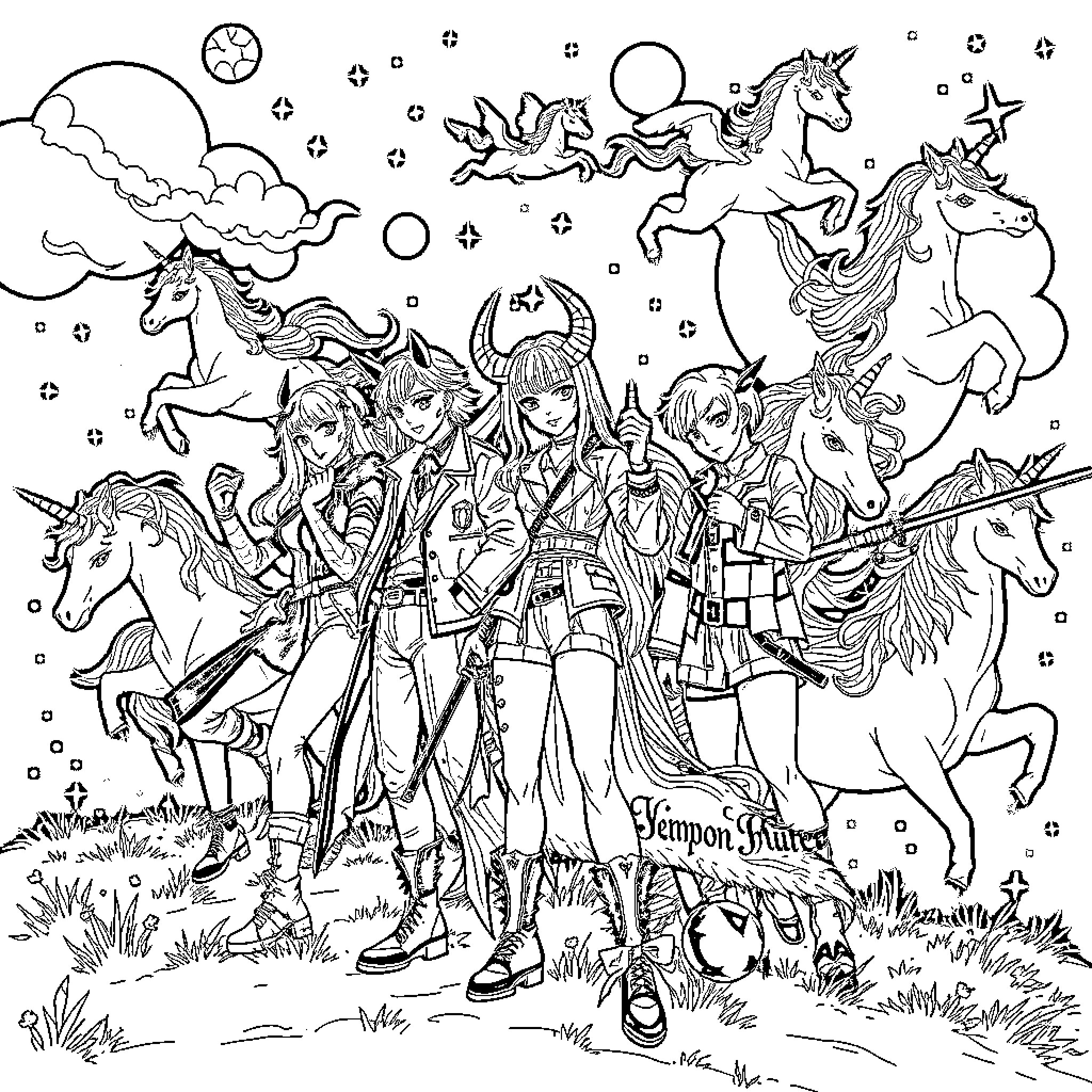 Demon Hunter Warriors Riding Majestic Unicorns Coloring Page (free black-and-white line drawing printable PDF for all, from beginners to advanced learners, including children, teens, adults, and seniors)