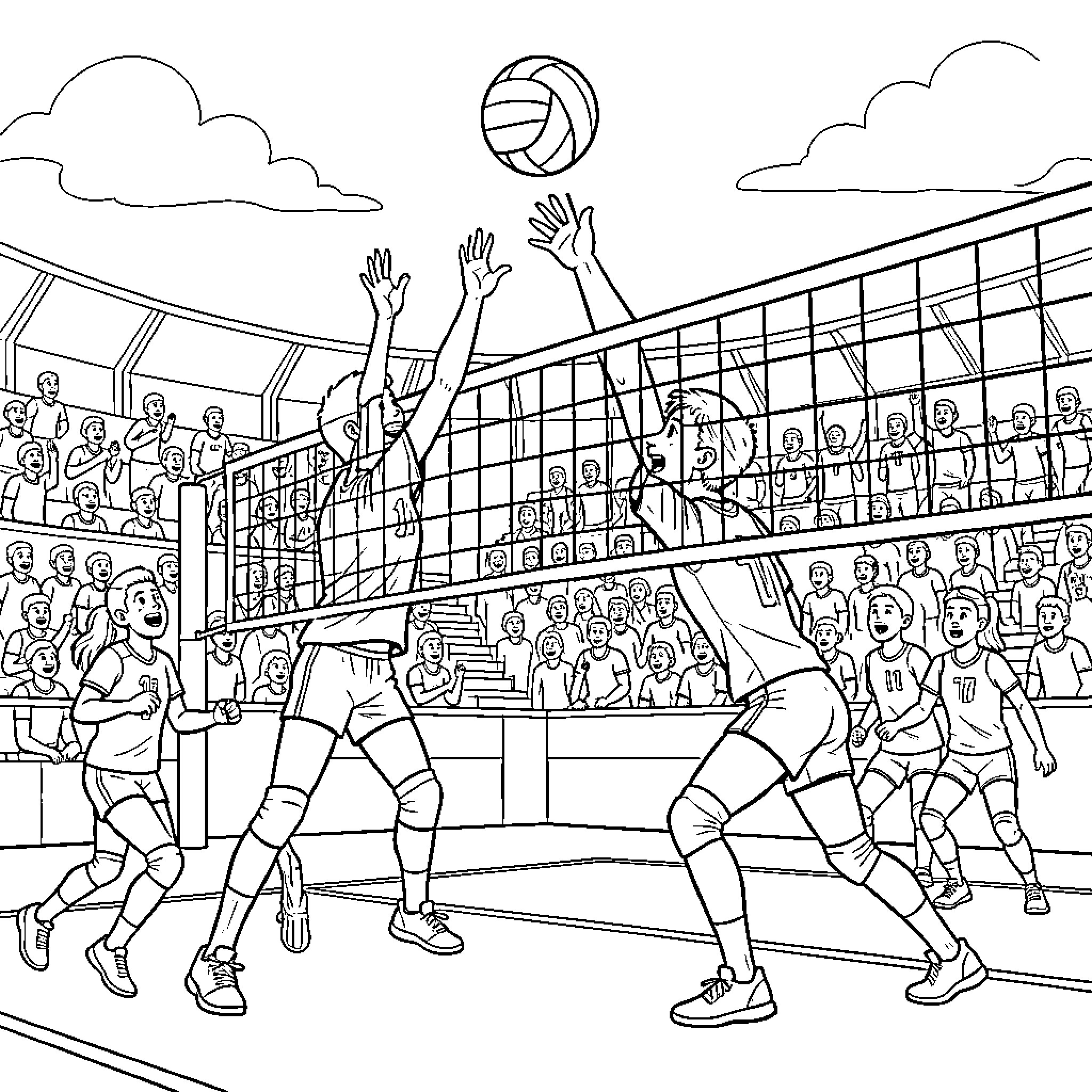 Volleyball game action on the court Coloring Page (free black-and-white line drawing printable PDF for all, from beginners to advanced learners, including children, teens, adults, and seniors)