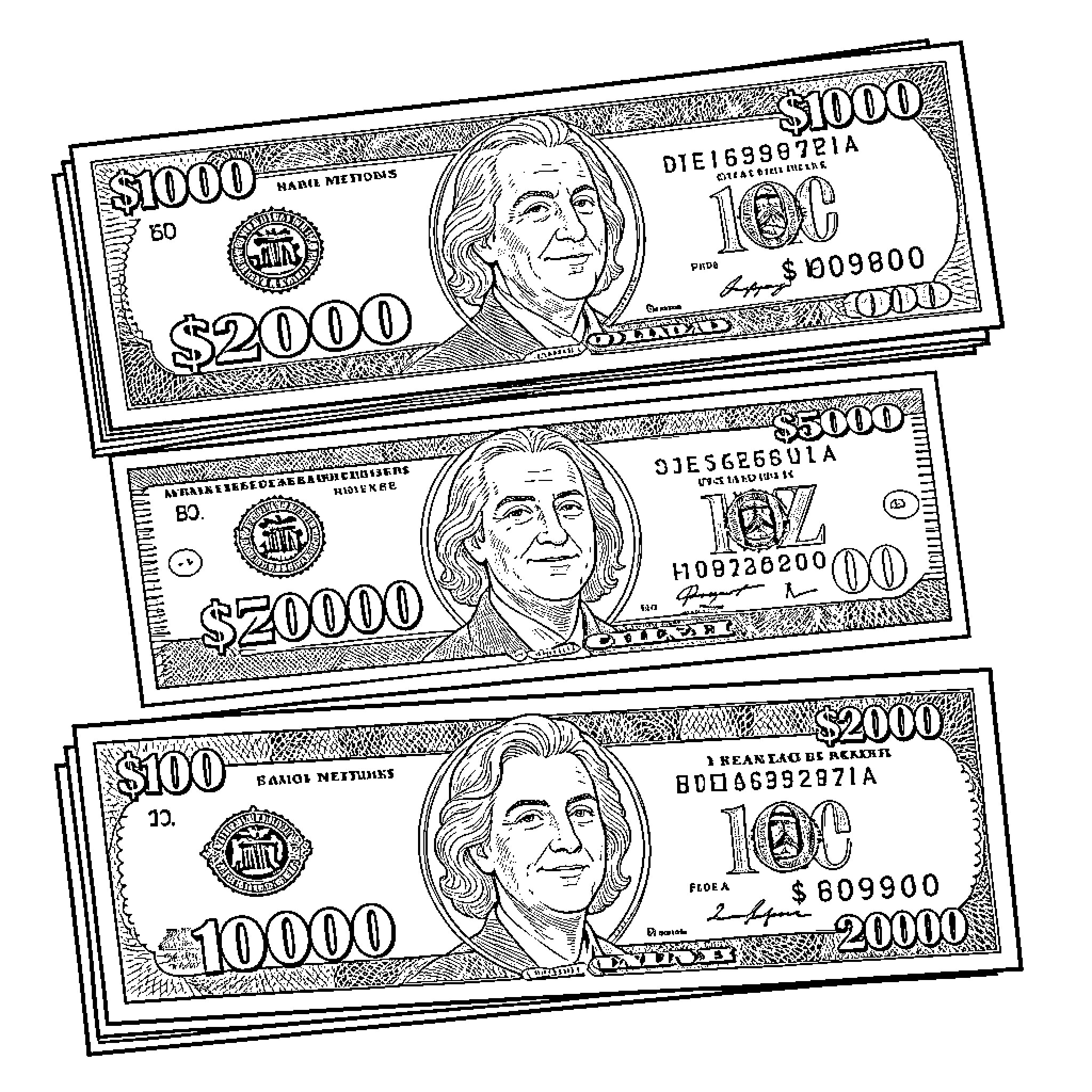 Billete de diferentes denominaciones de dólares estadounidenses Coloring Page (free black-and-white line drawing printable PDF for all, from beginners to advanced learners, including children, teens, adults, and seniors)