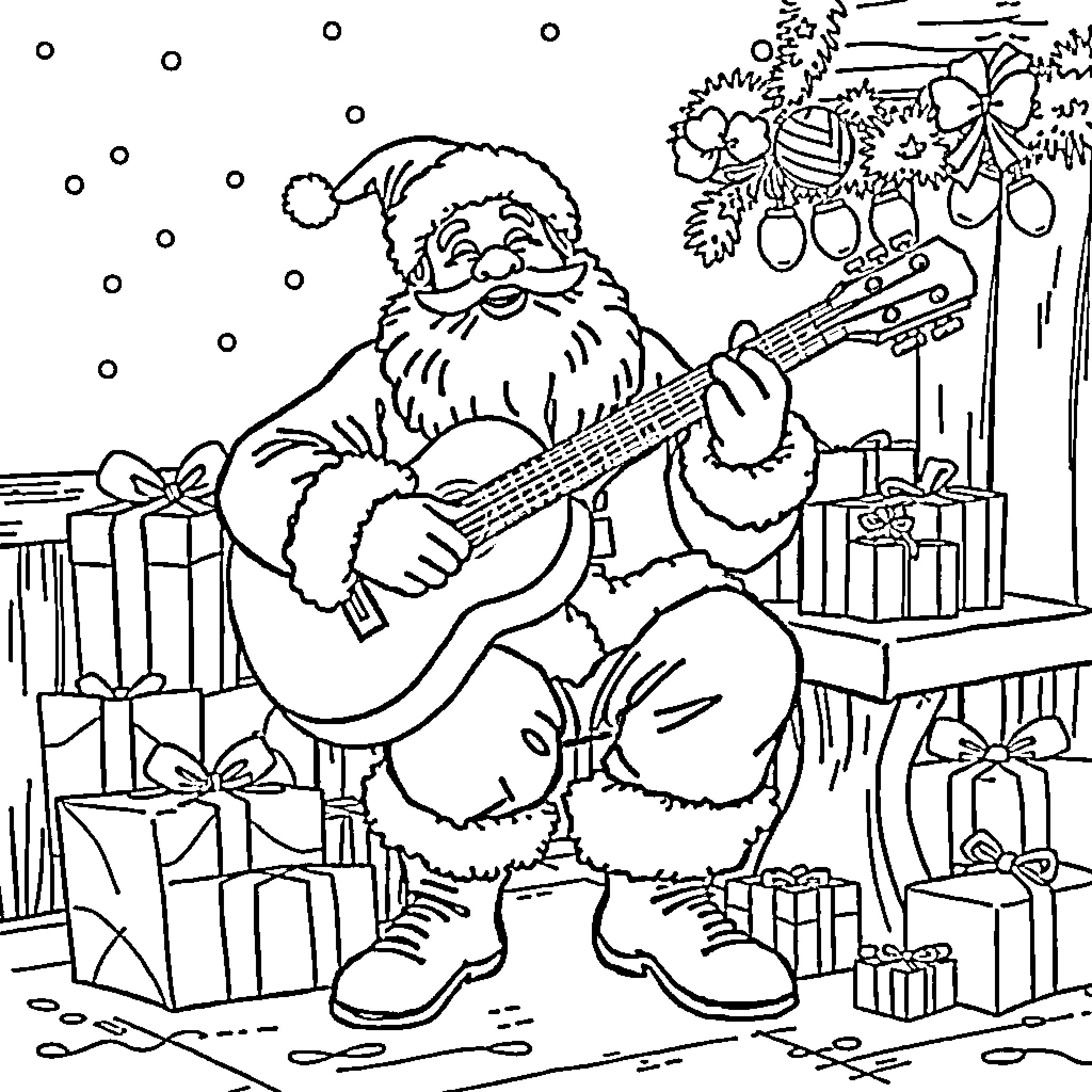 Santa playing guitar amidst festive decorations Coloring Page (free black-and-white line drawing printable PDF for all, from beginners to advanced learners, including children, teens, adults, and seniors)