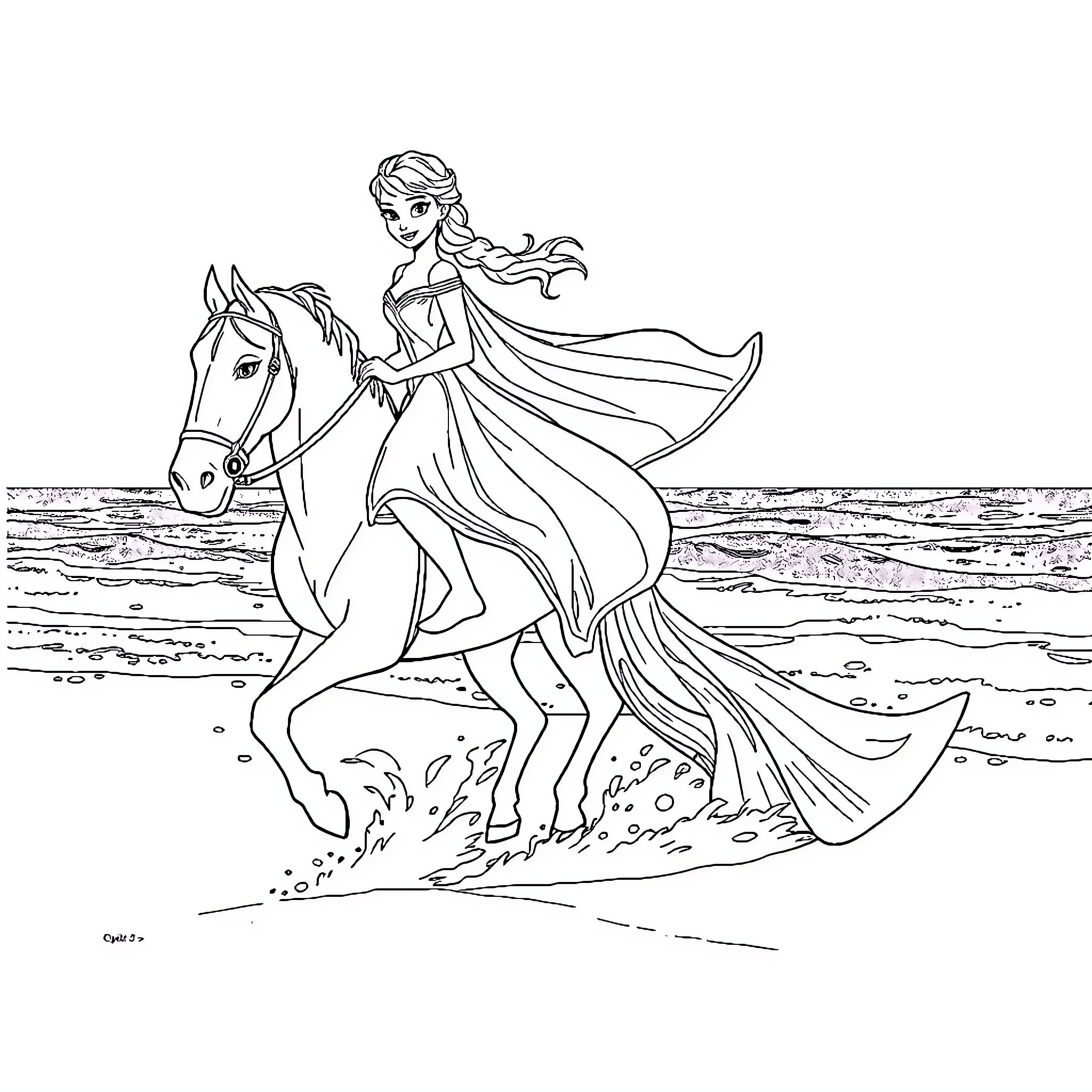 Princess Riding Horse on the Beach Coloring Page (free black-and-white line drawing printable PDF for all, from beginners to advanced learners, including children, teens, adults, and seniors)
