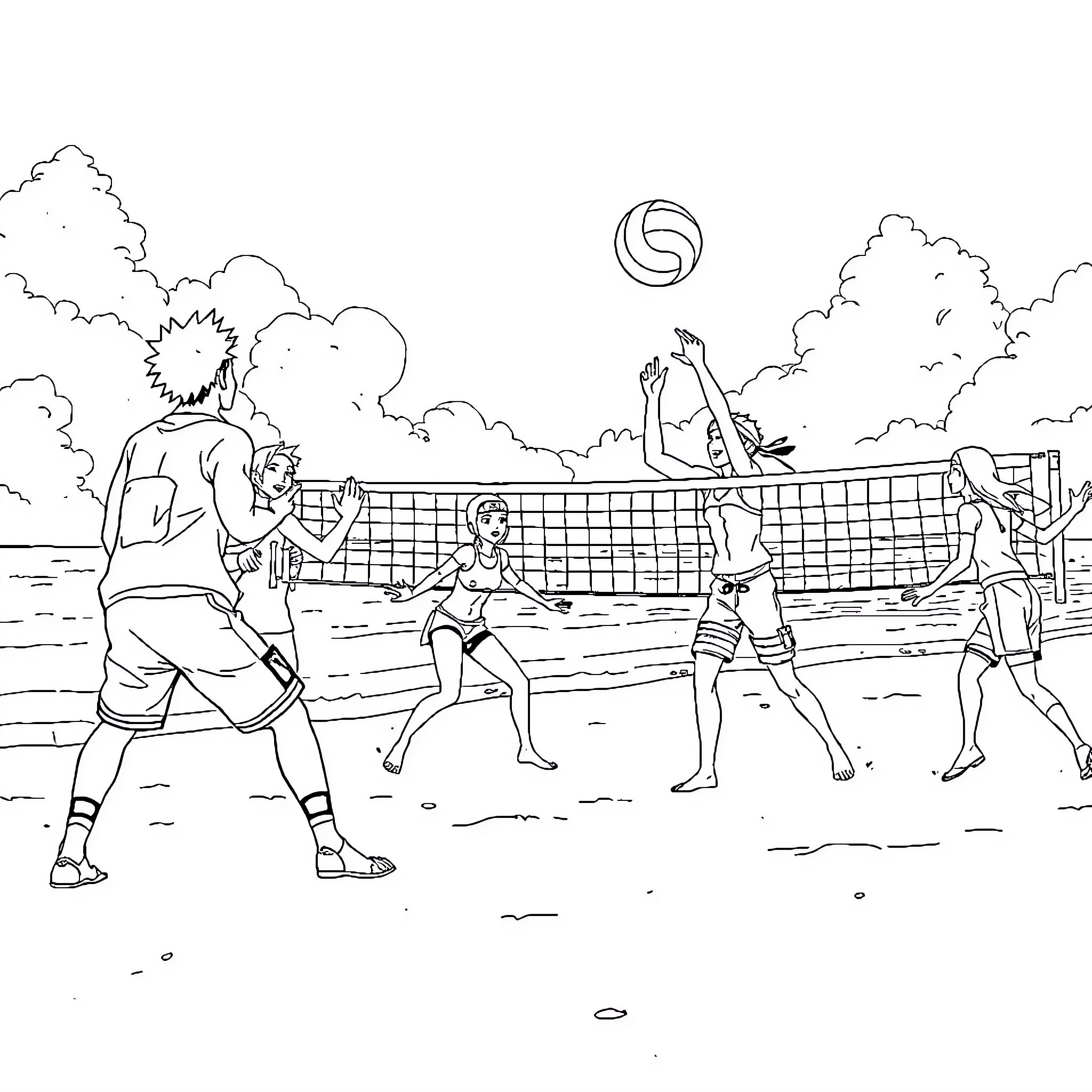 Team 7 Playing Beach Volleyball on a Sunny Day Coloring Page (free black-and-white line drawing printable PDF for all, from beginners to advanced learners, including children, teens, adults, and seniors)