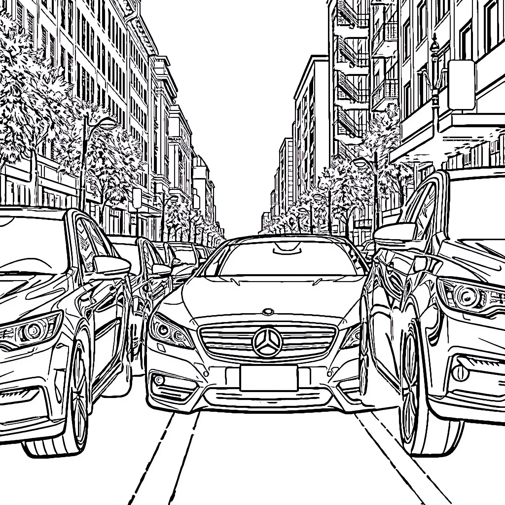 Auto Vehicles Navigating Busy City Street Coloring Page (free black-and-white line drawing printable PDF for all, from beginners to advanced learners, including children, teens, adults, and seniors)