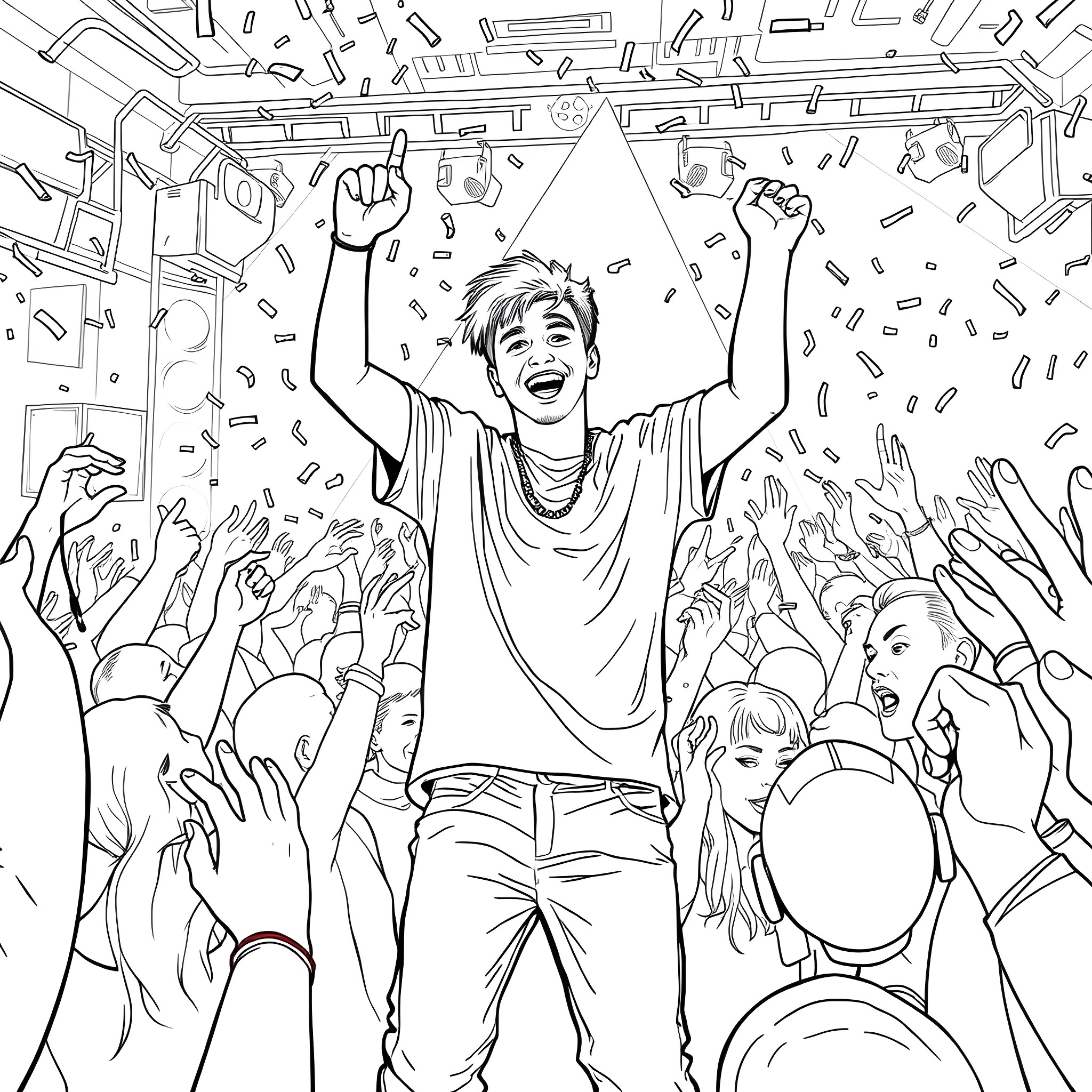 Justin Bieber Performing on Stage with Enthusiastic Crowd Coloring Page (free black-and-white line drawing printable PDF for all, from beginners to advanced learners, including children, teens, adults, and seniors)