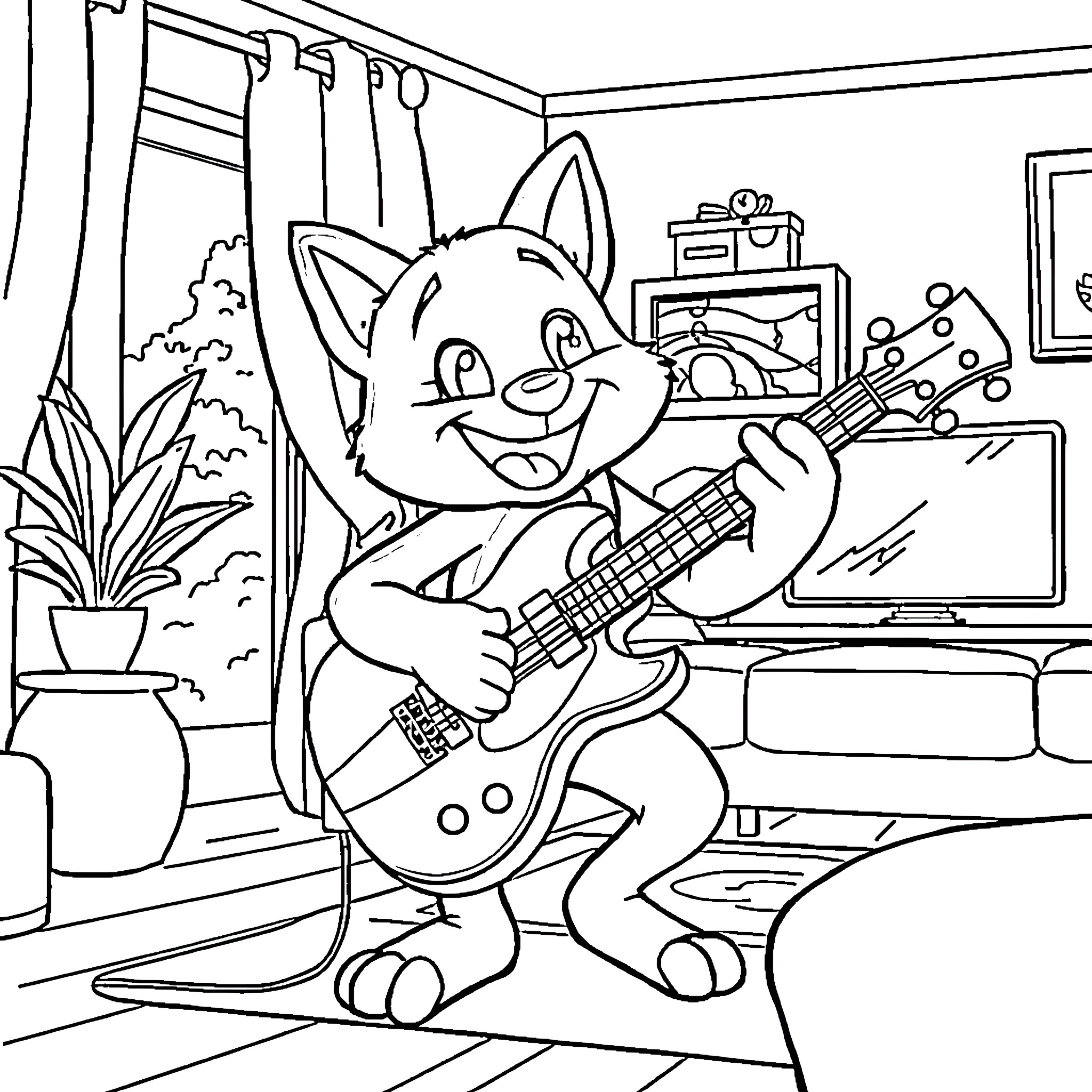 Bluey playing guitar in the living room Coloring Page (free black-and-white line drawing printable PDF for all, from beginners to advanced learners, including children, teens, adults, and seniors)