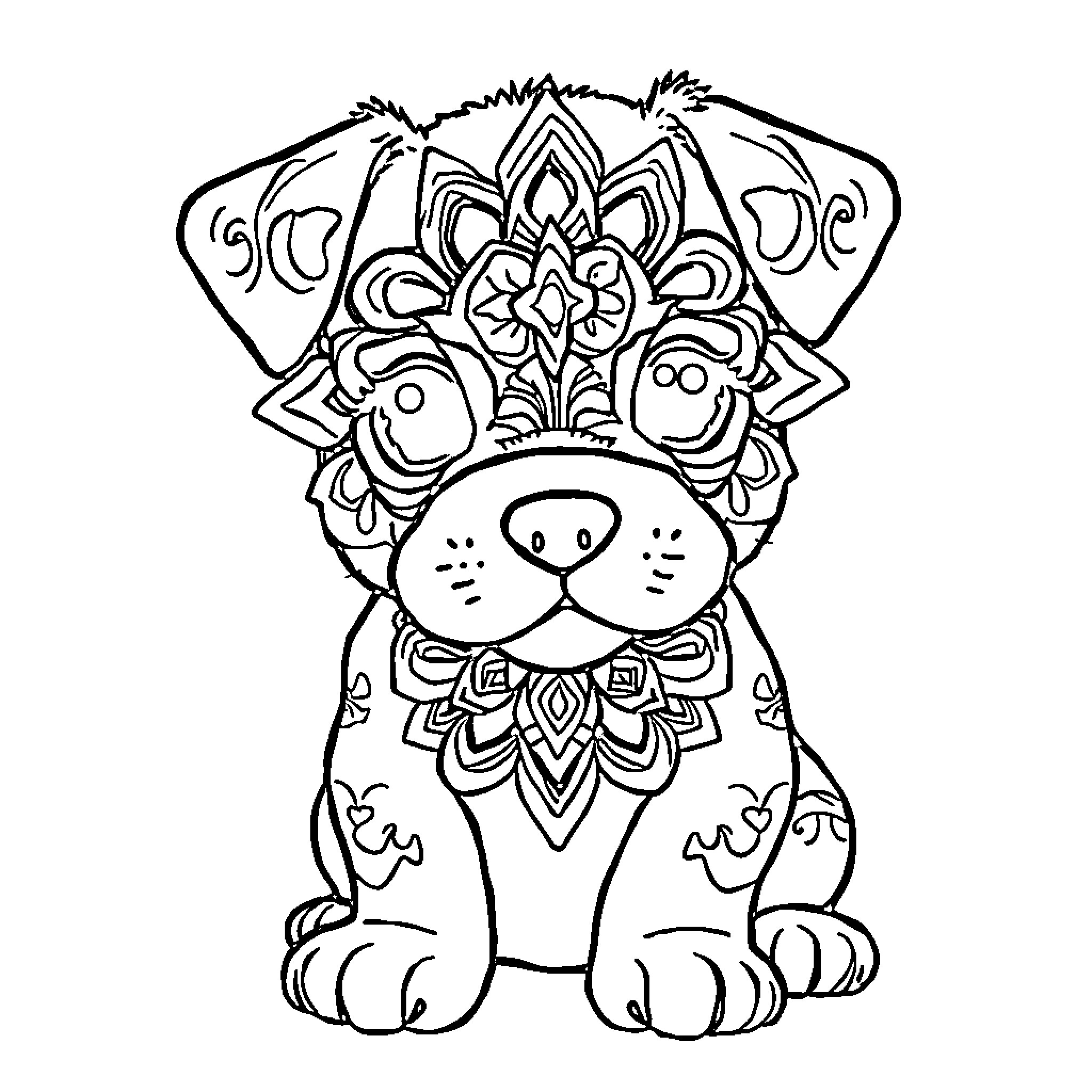 Puppy with intricate floral mandala design Coloring Page (free black-and-white line drawing printable PDF for all, from beginners to advanced learners, including children, teens, adults, and seniors)