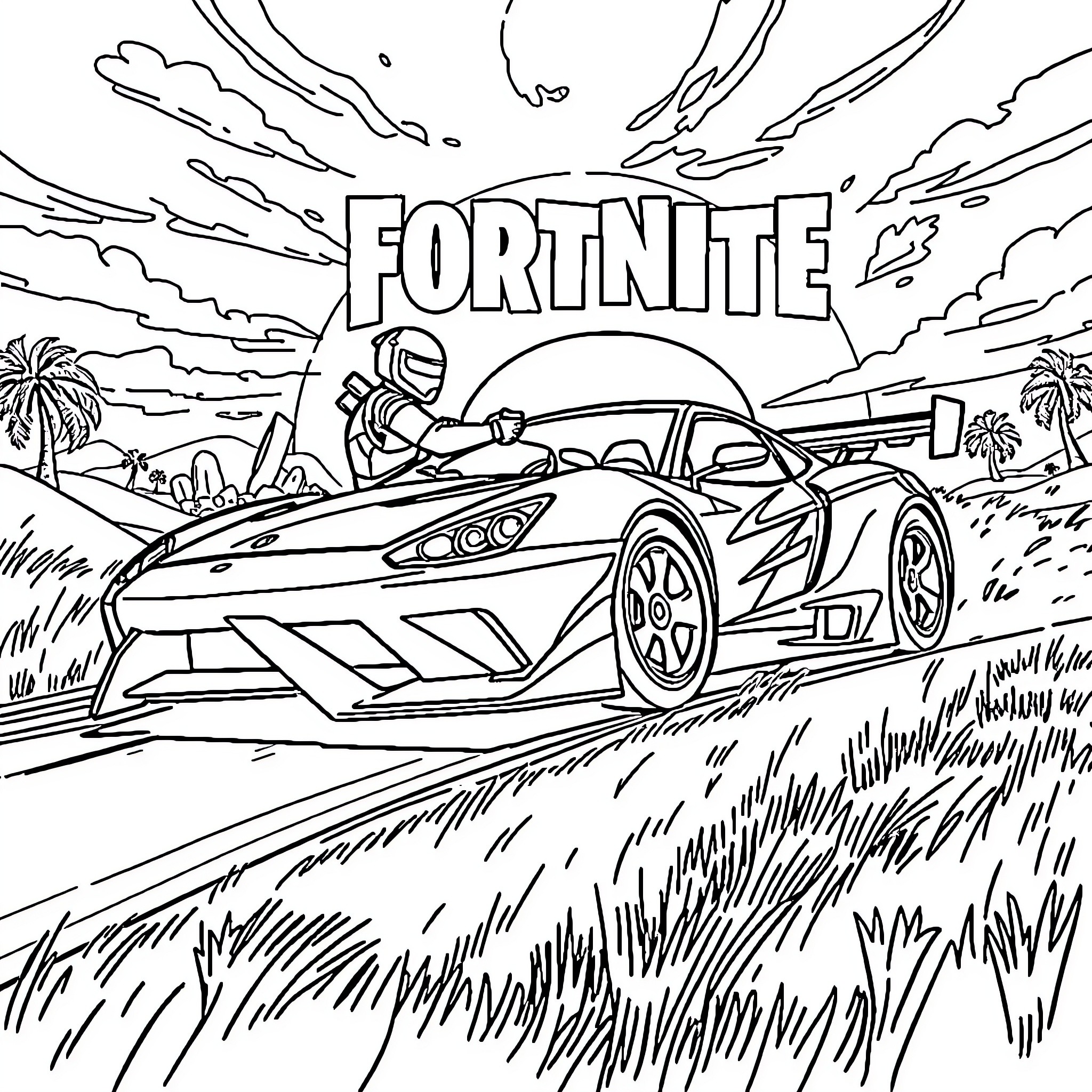 Car races through tropical Fortnite landscape Coloring Page (free black-and-white line drawing printable PDF for all, from beginners to advanced learners, including children, teens, adults, and seniors)