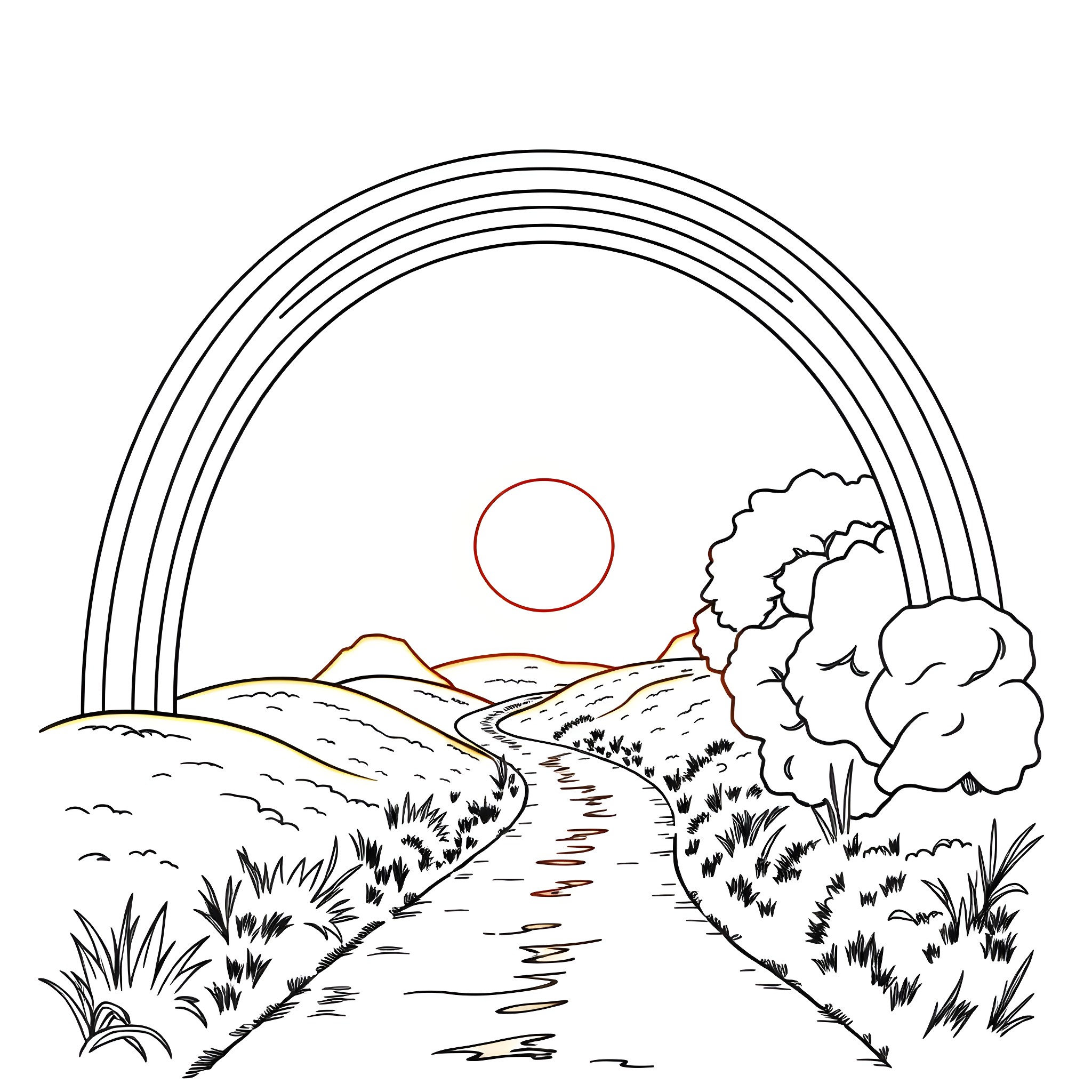 Rainbow Landscape with Winding Path Coloring Page (free black-and-white line drawing printable PDF for all, from beginners to advanced learners, including children, teens, adults, and seniors)