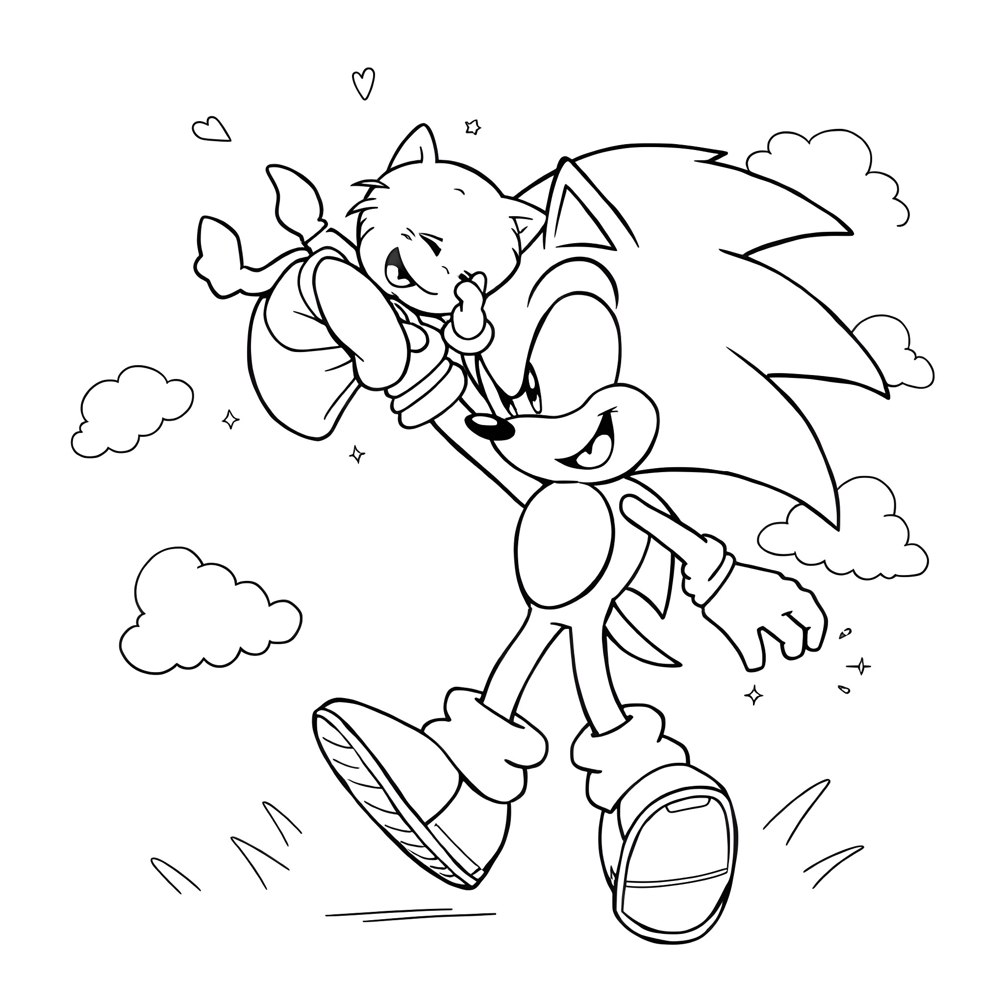 Sonic running joyfully through a cloudy scene Coloring Page (free black-and-white line drawing printable PDF for all, from beginners to advanced learners, including children, teens, adults, and seniors)