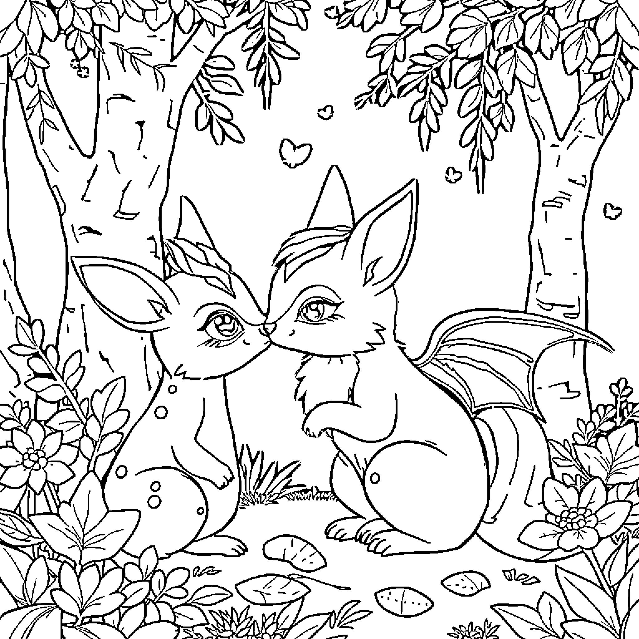 Conejita's Enchanting Forest Adventure Coloring Page (free black-and-white line drawing printable PDF for all, from beginners to advanced learners, including children, teens, adults, and seniors)