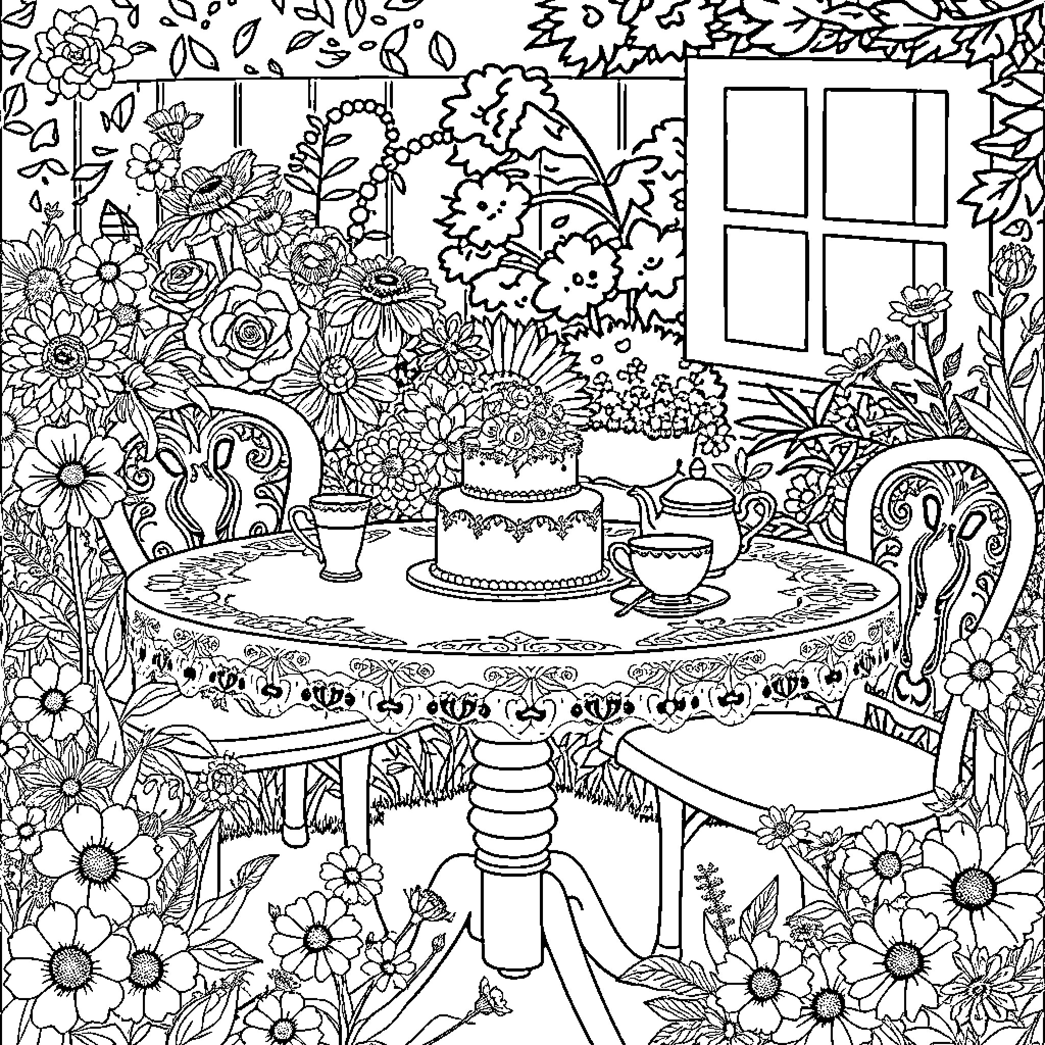 Table with Floral Arrangement and Tea Party Setting Coloring Page (free black-and-white line drawing printable PDF for all, from beginners to advanced learners, including children, teens, adults, and seniors)
